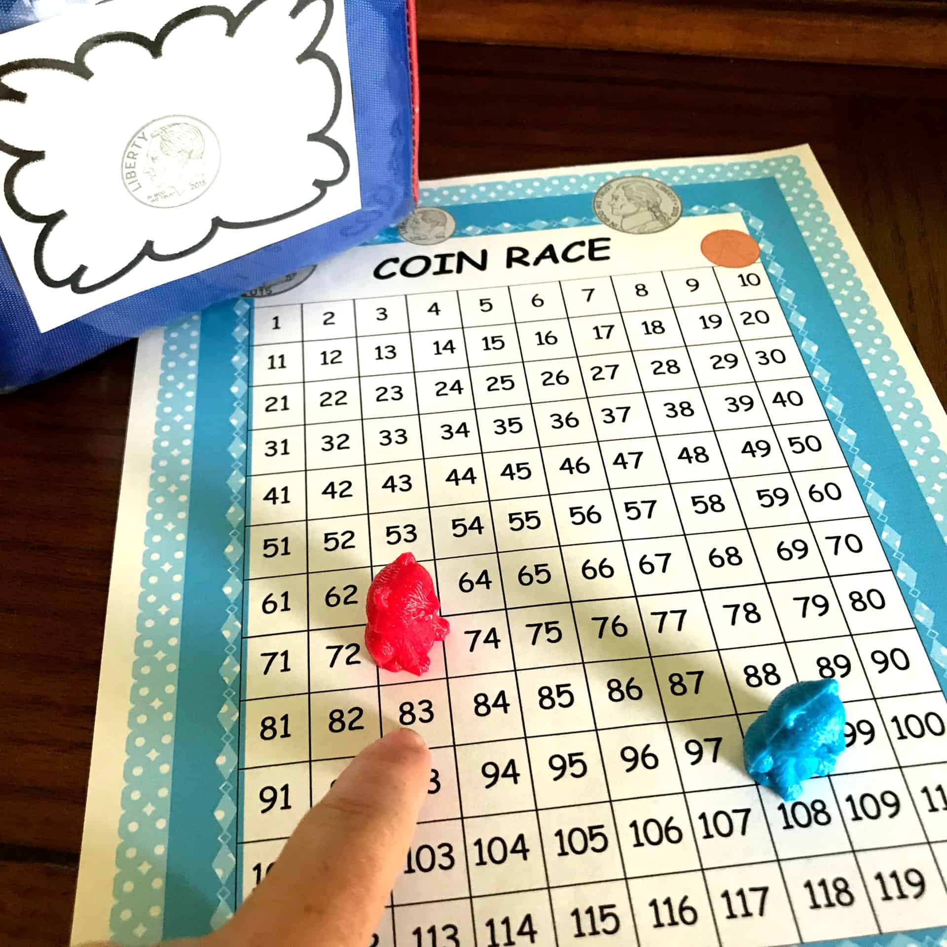 Coin recognition game printable shown with two dice.