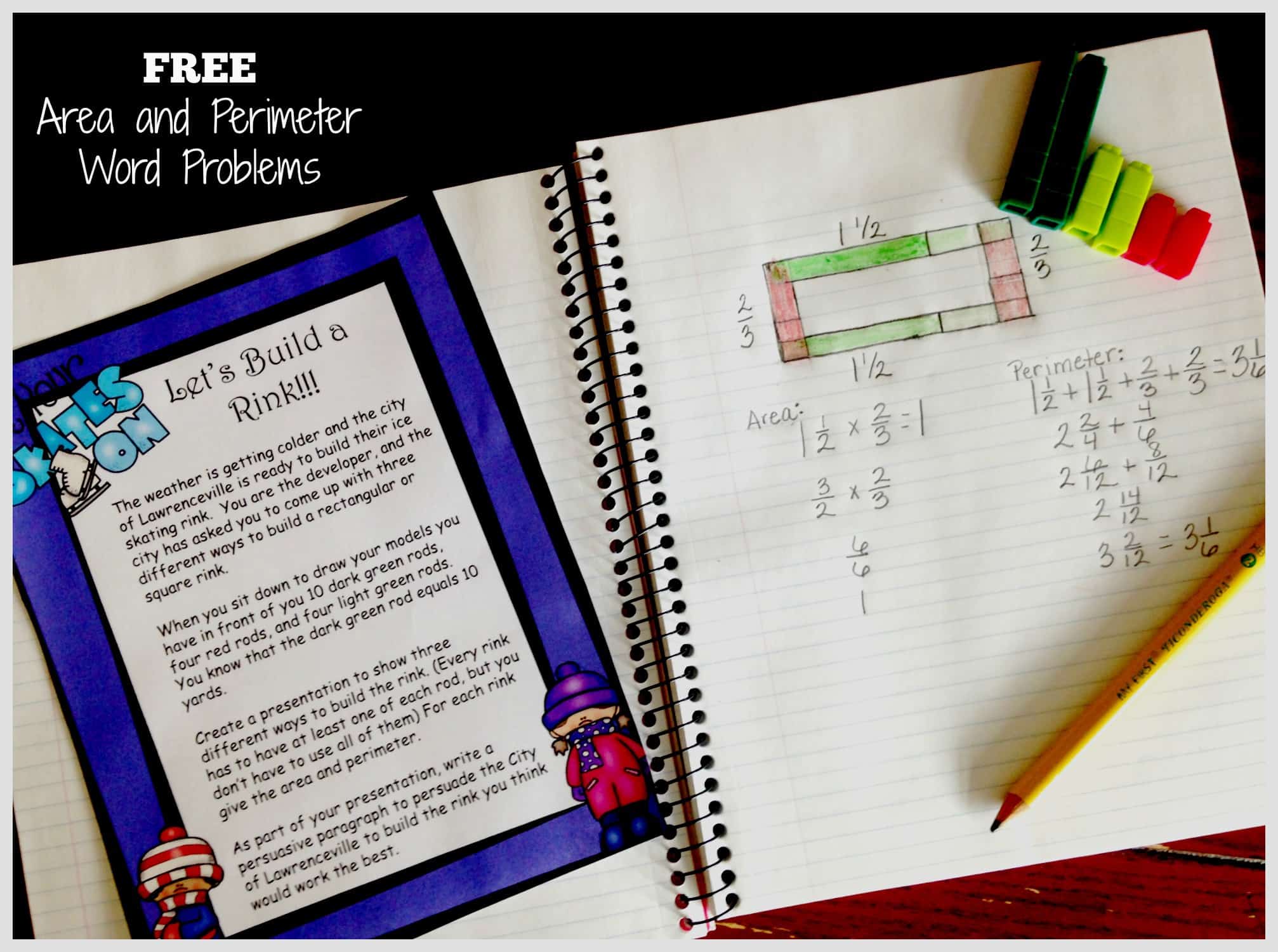 Area and perimeter word problem worksheet on a table with a pencil.