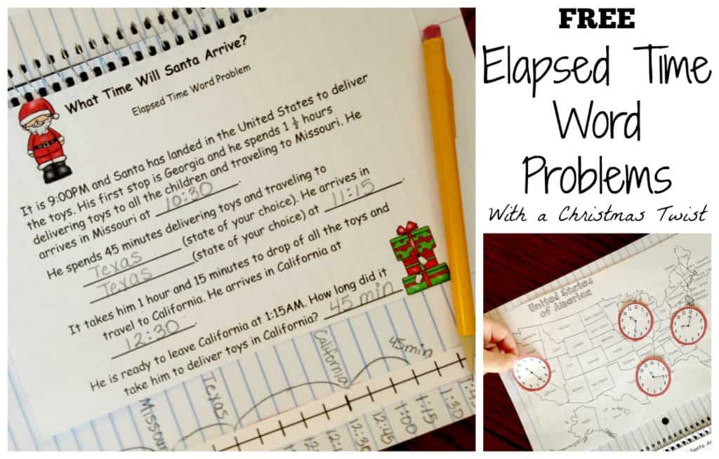 Santa-themed elapsed time word problem worksheet with a pen. 