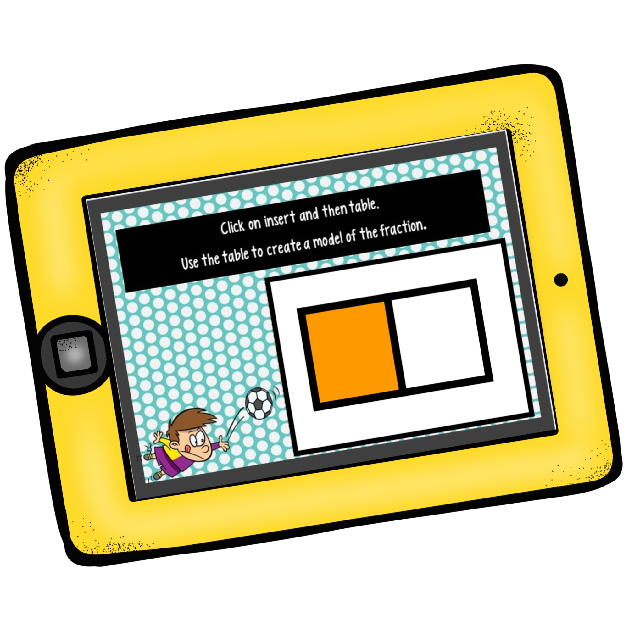 Fraction of the day Google slides shown on a yellow tablet. 