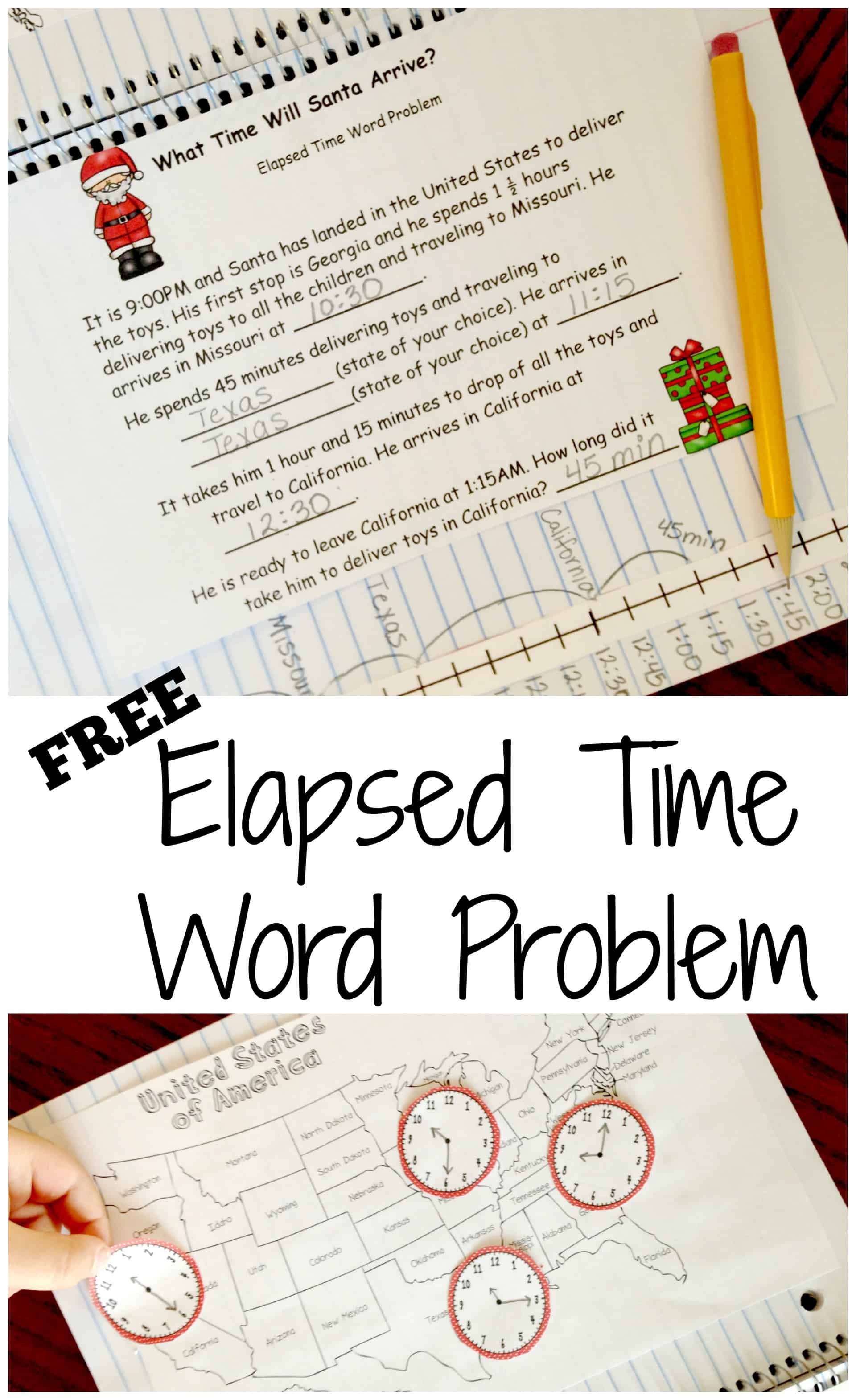 Santa-themed elapsed time word problem worksheet with a pen. 