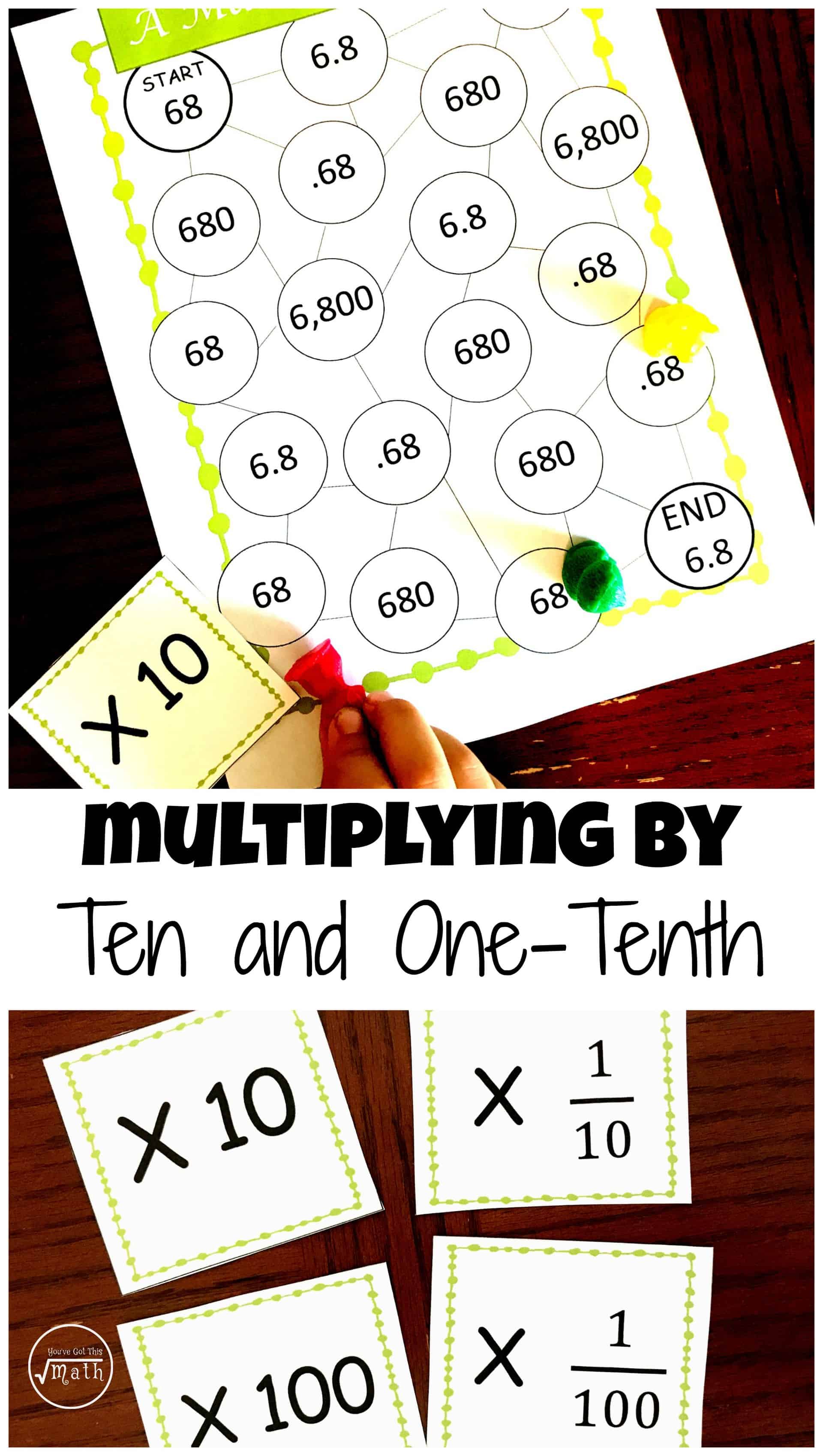 Multiplying by powers of 10 game being played on a table with paper tiles of math questions. 