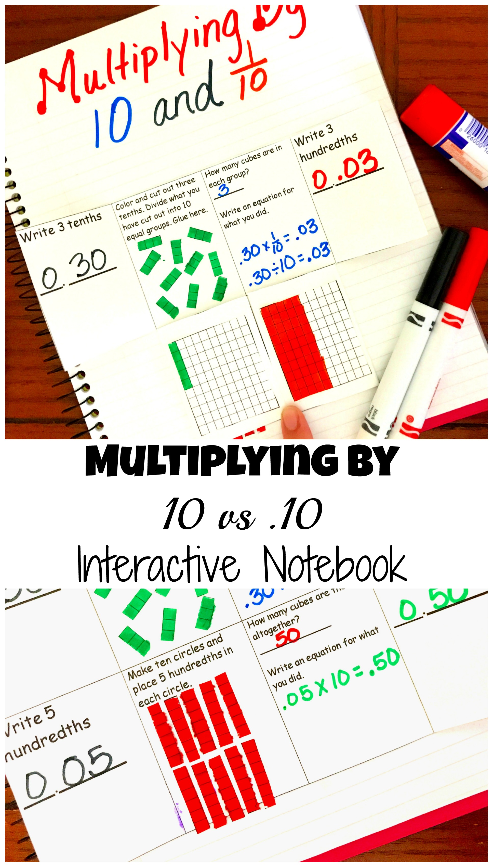 Multiplying decimals worksheet on a table with markers and glue.  
