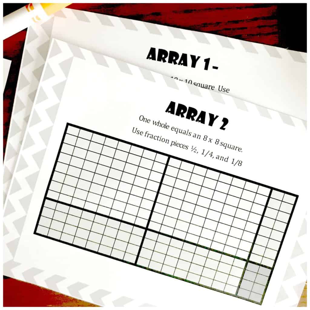 Multiplication arrays game worksheet on a wooden table.
