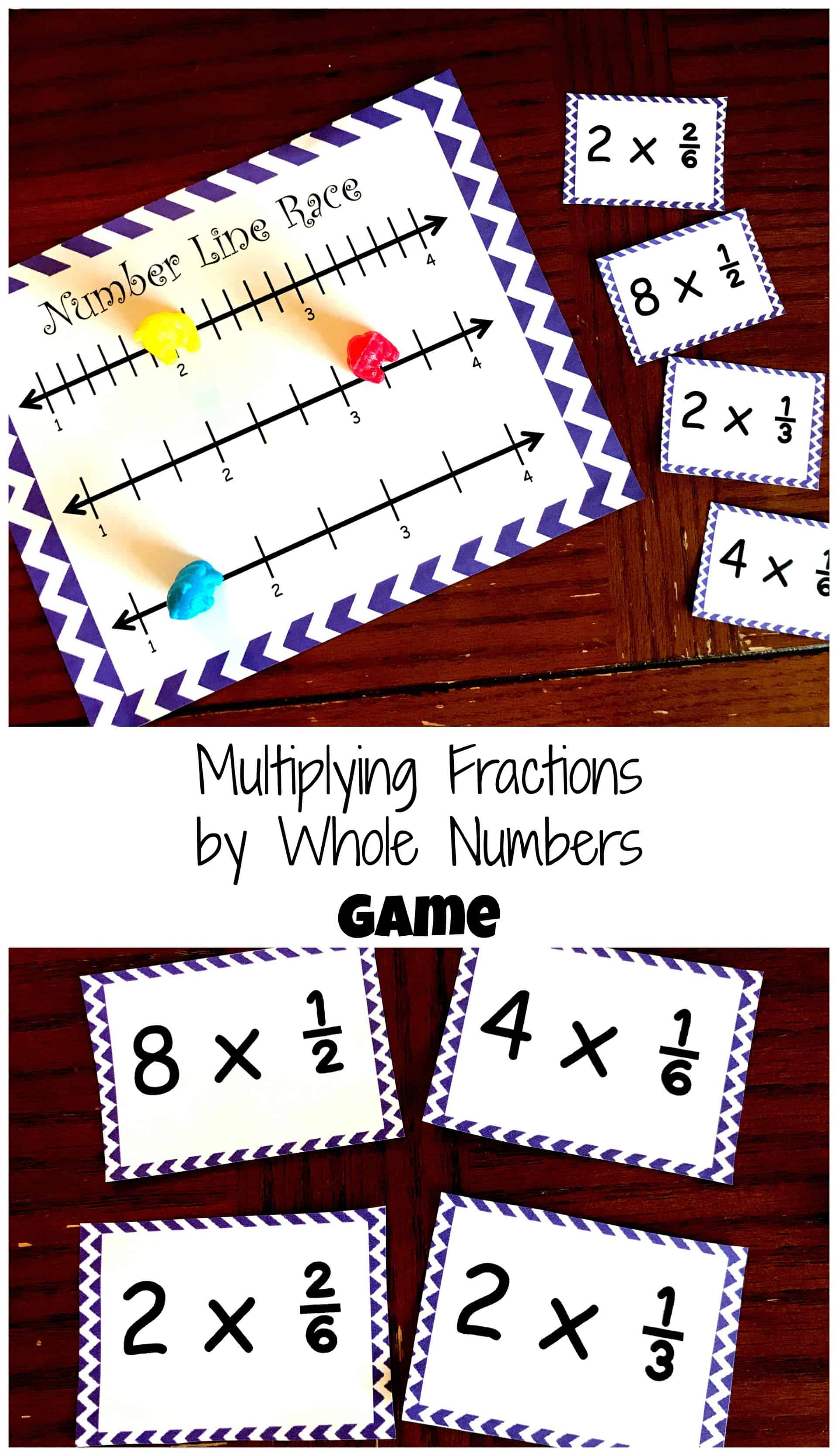 Fractions on a number line game card with game pieces and multiplication cards.