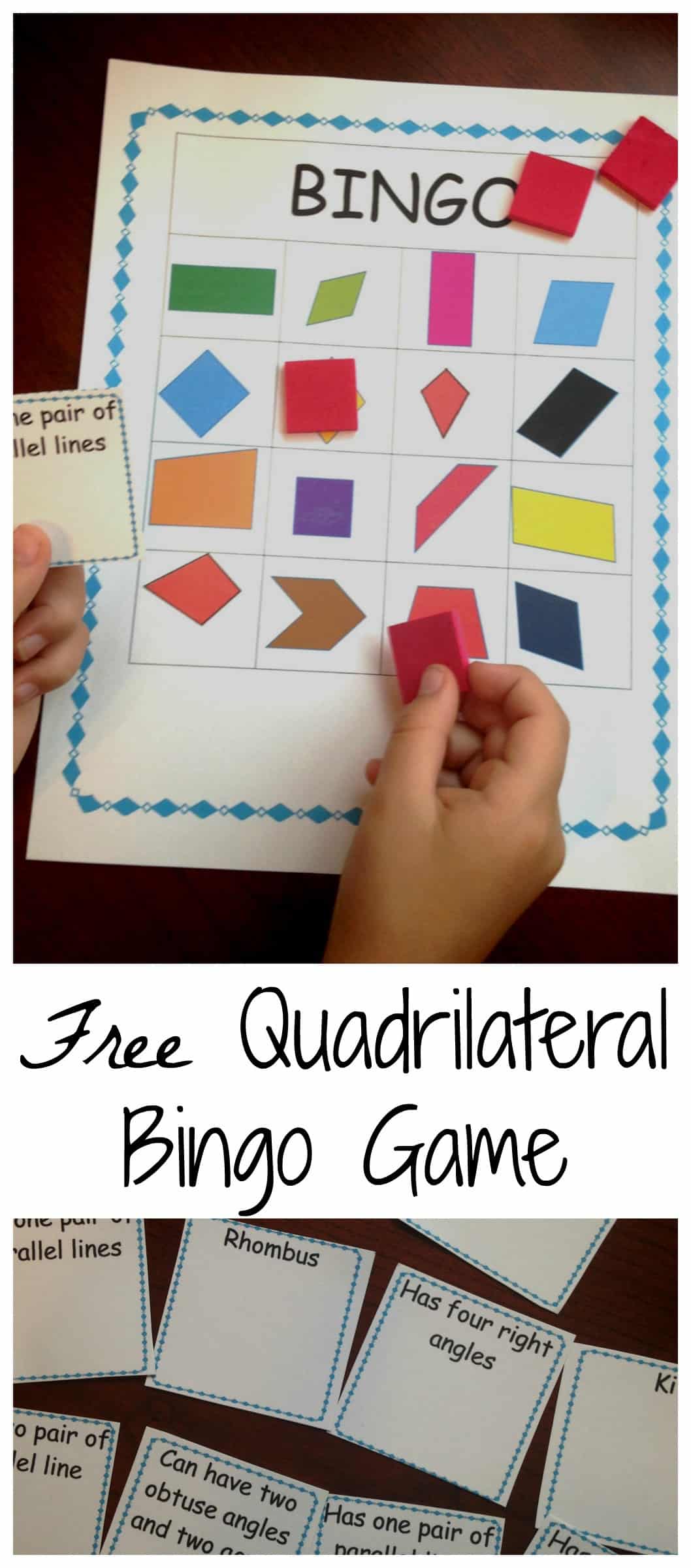 Quadrilateral bingo with a child's hands holding game pieces.