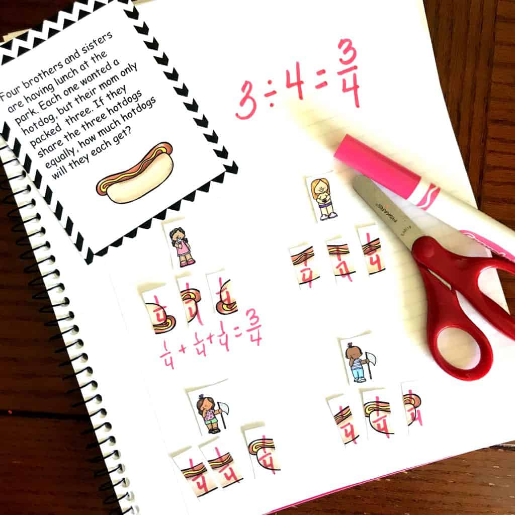Division of whole numbers and fractions worksheet with images of a hotdog cut into pieces and taped onto a notebook.