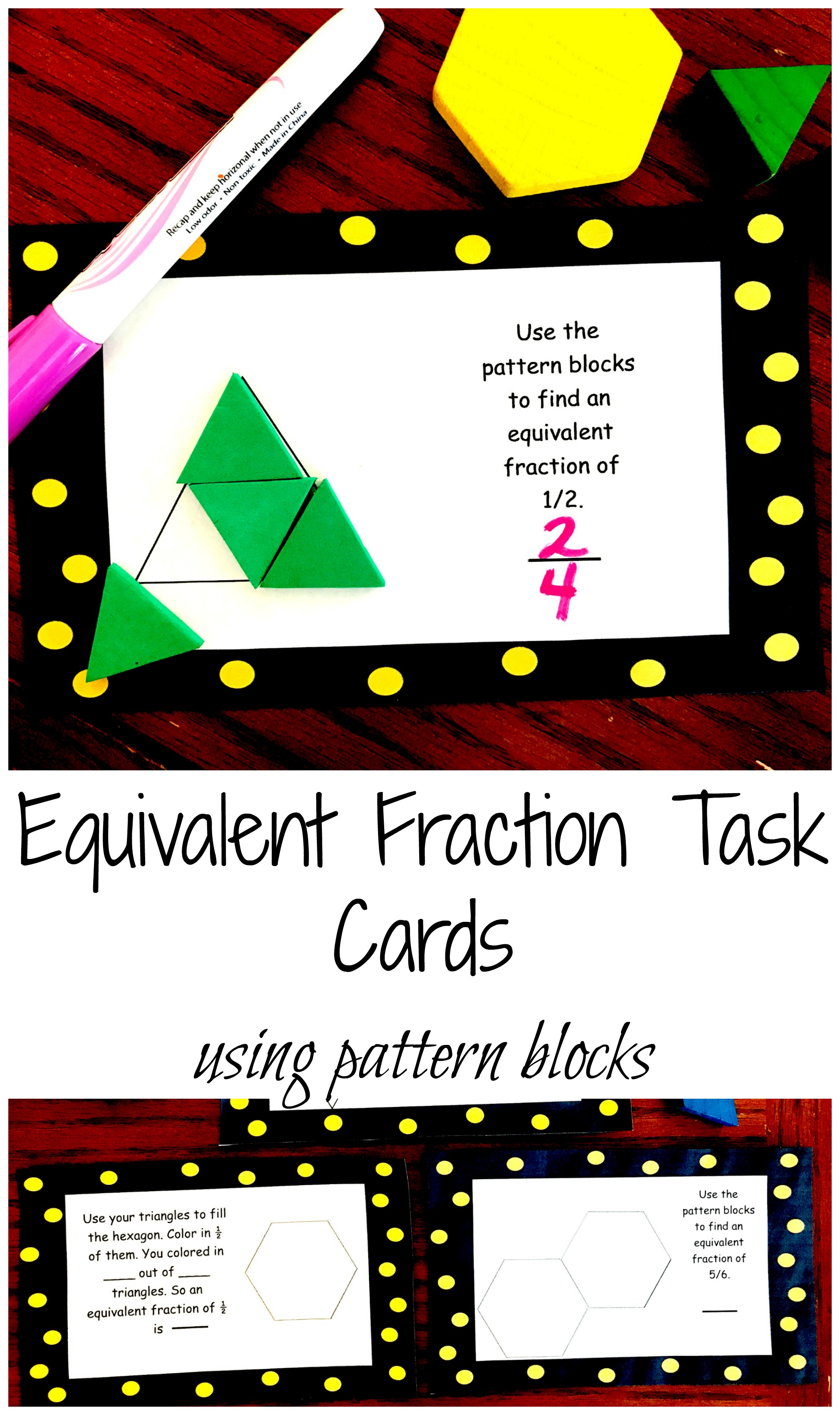 Fractions with pattern blocks task cards on a wooden table.