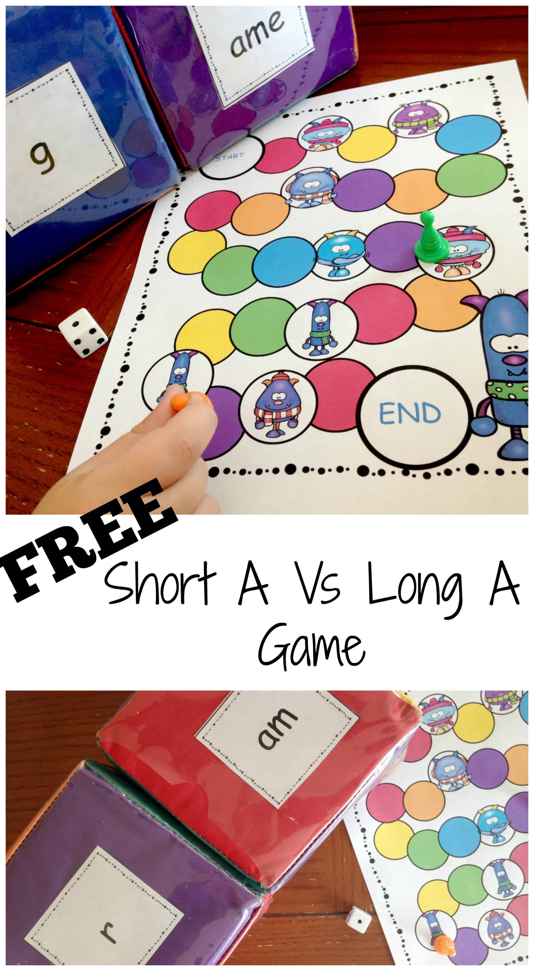 Short A vs Long A game on a wooden table with dice and playing pieces. 