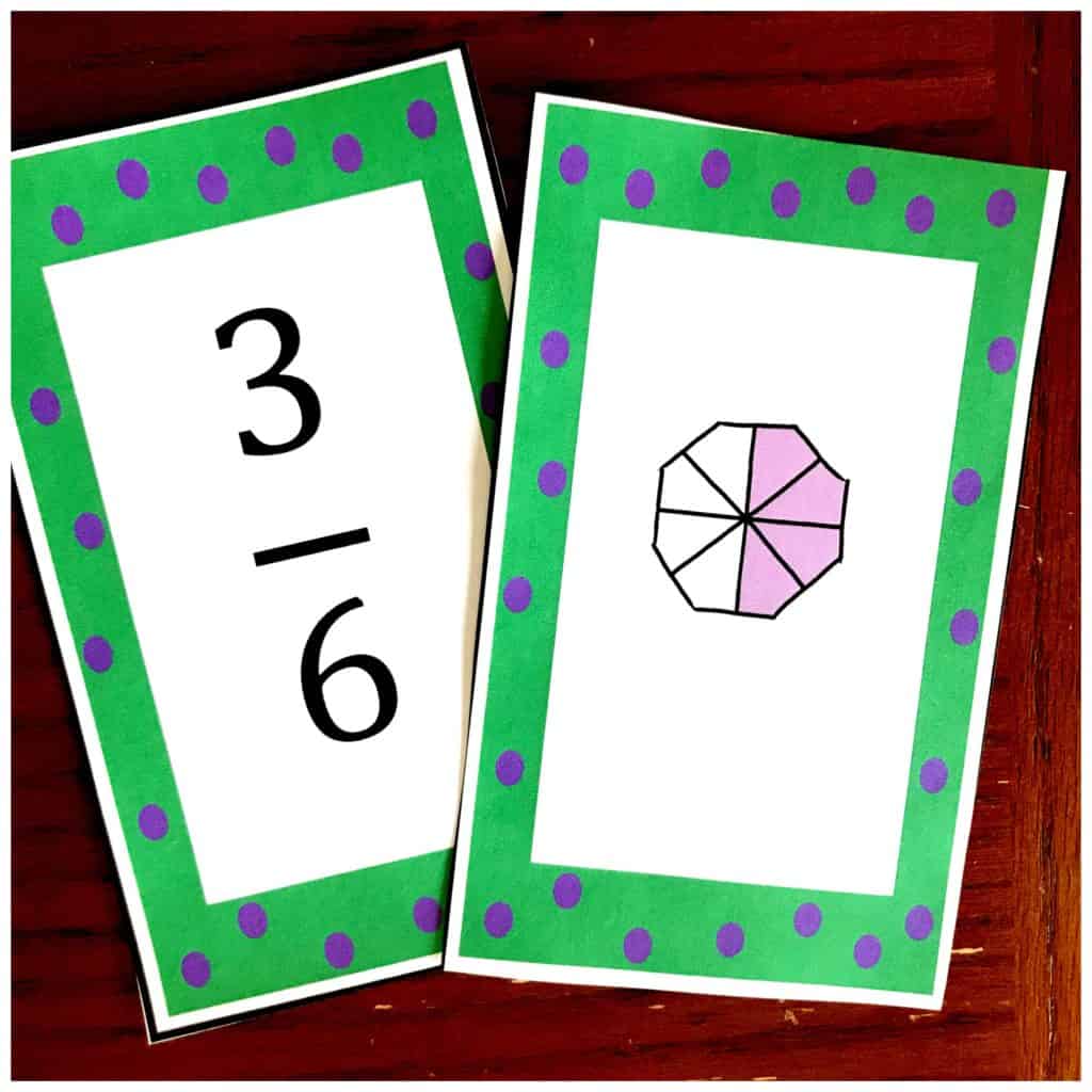 Equivalent fractions cards on a table. 