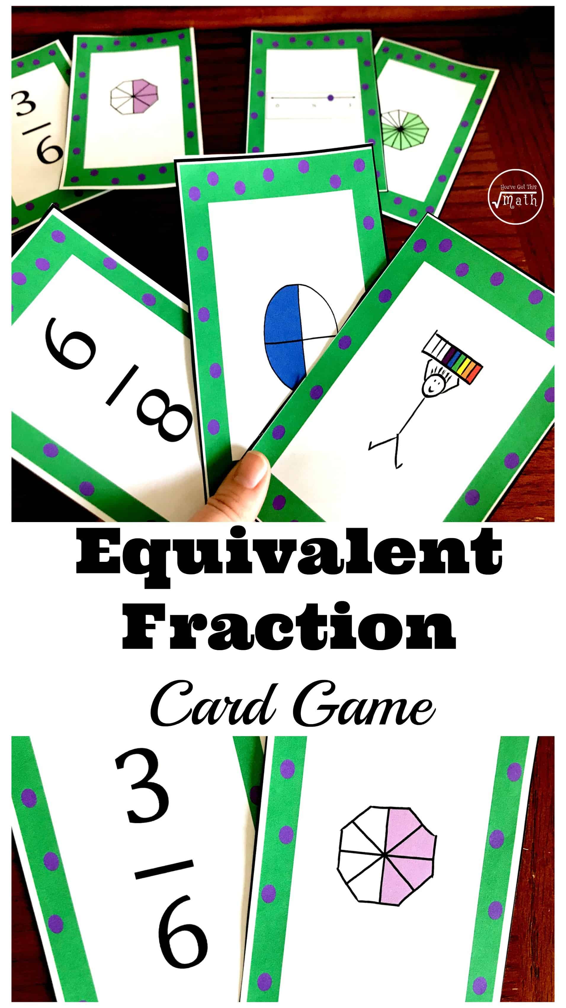 Equivalent fractions cards on a table. 