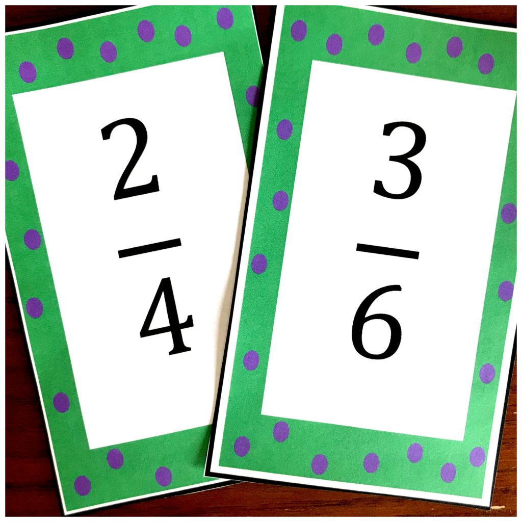 Equivalent fractions cards on a table. 