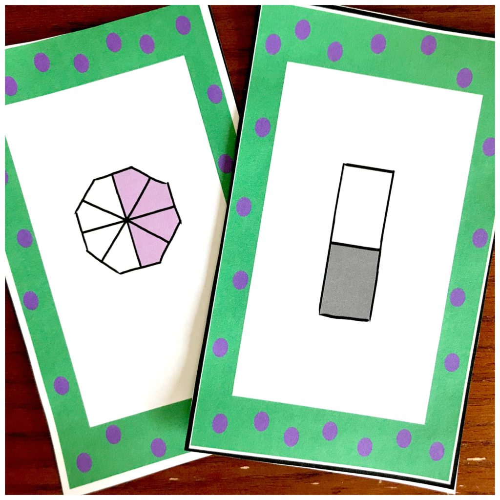 Equivalent fractions cards on a table. 