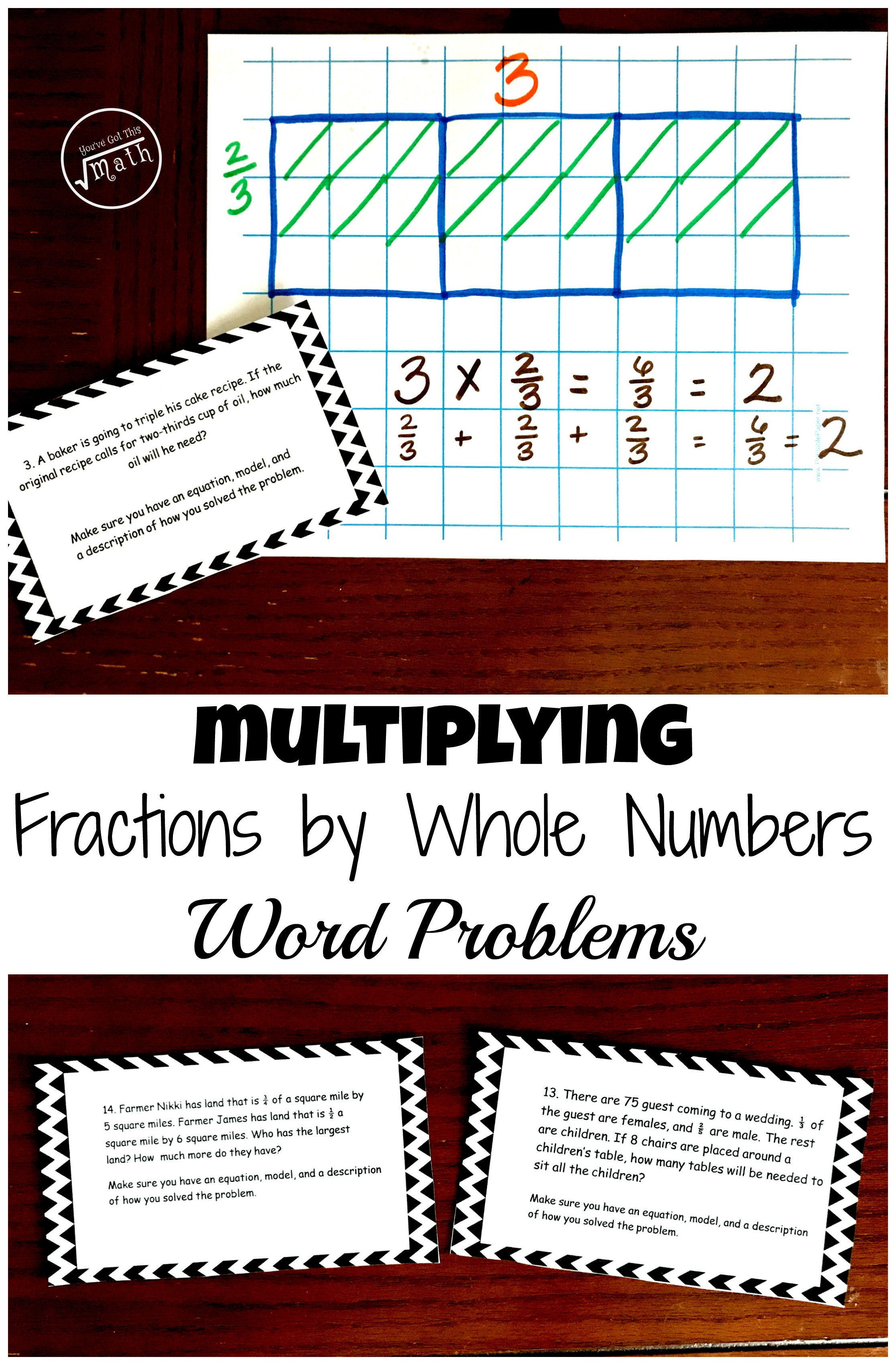 Multiplying Fractions by Whole Numbers Word Problems worksheet with fraction equations being figured out.