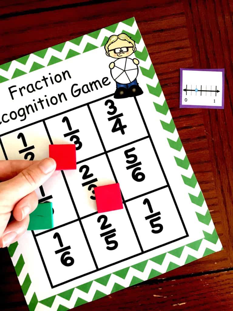 Visual fraction model with game pieces and a hand holding a game piece. 