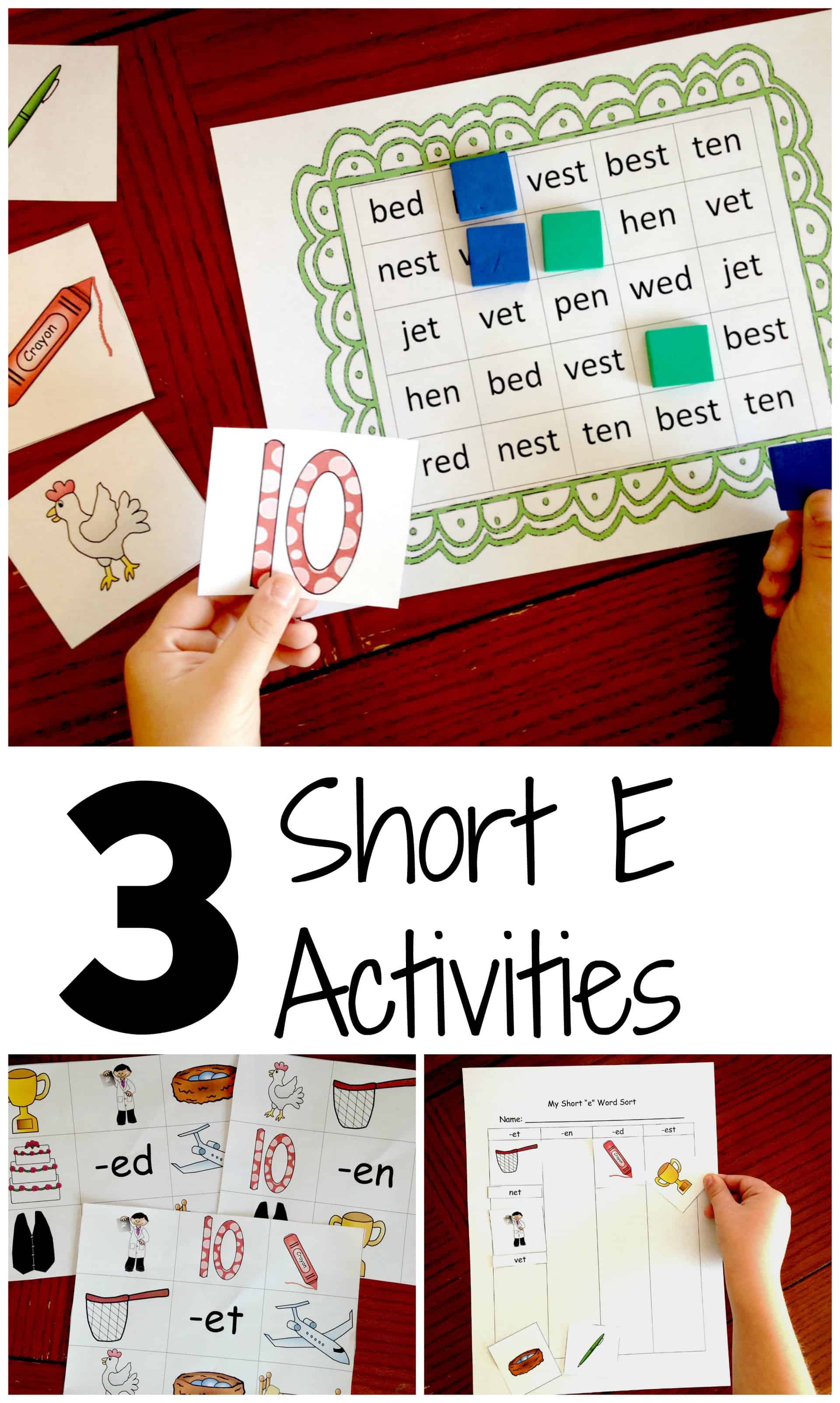 Short e word activities with playing cards, and little children's hands, on a wooden table. 