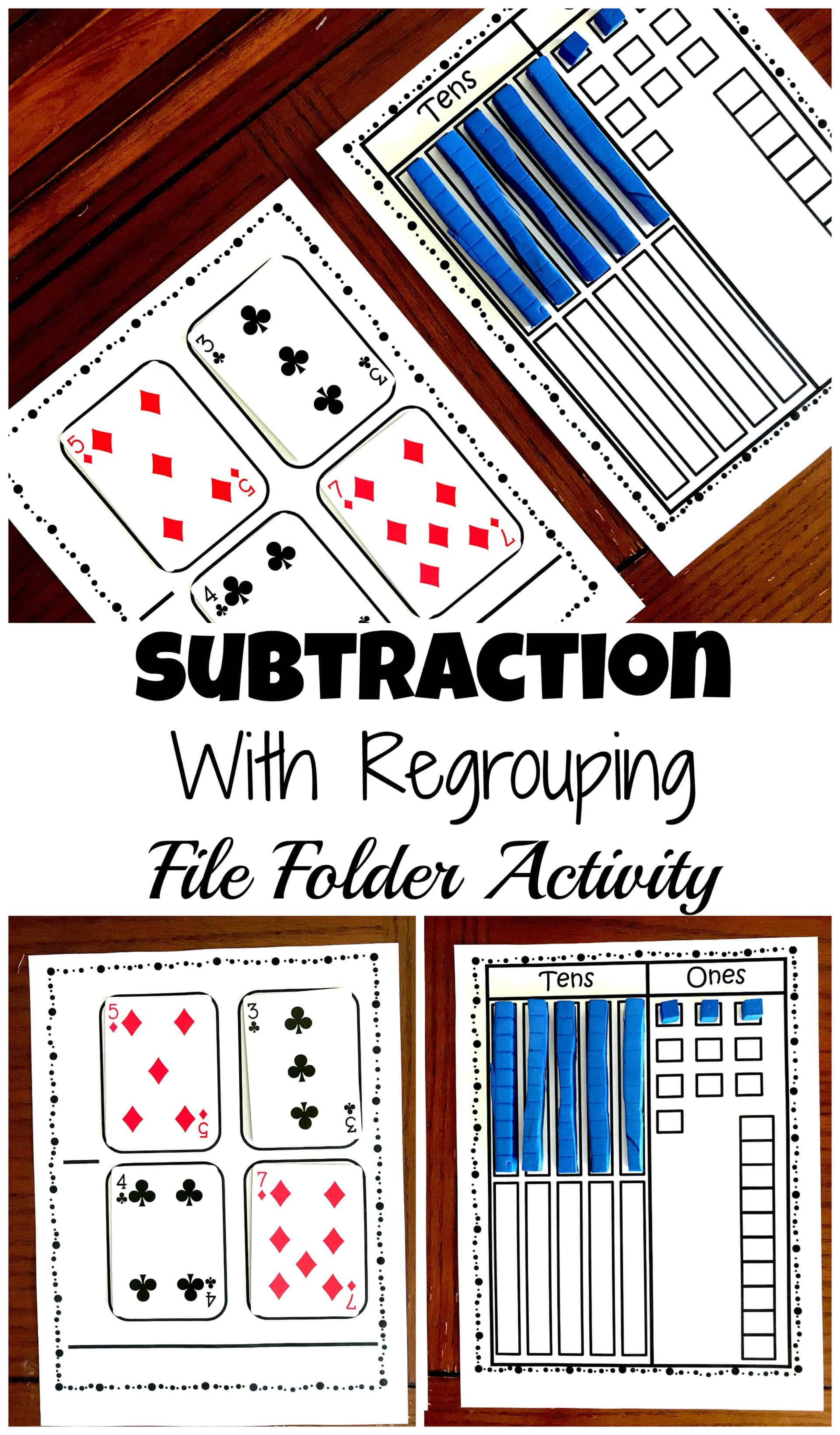 Subtraction with Base Ten Blocks worksheets with playing cards and base ten blocks on a wooden table. 