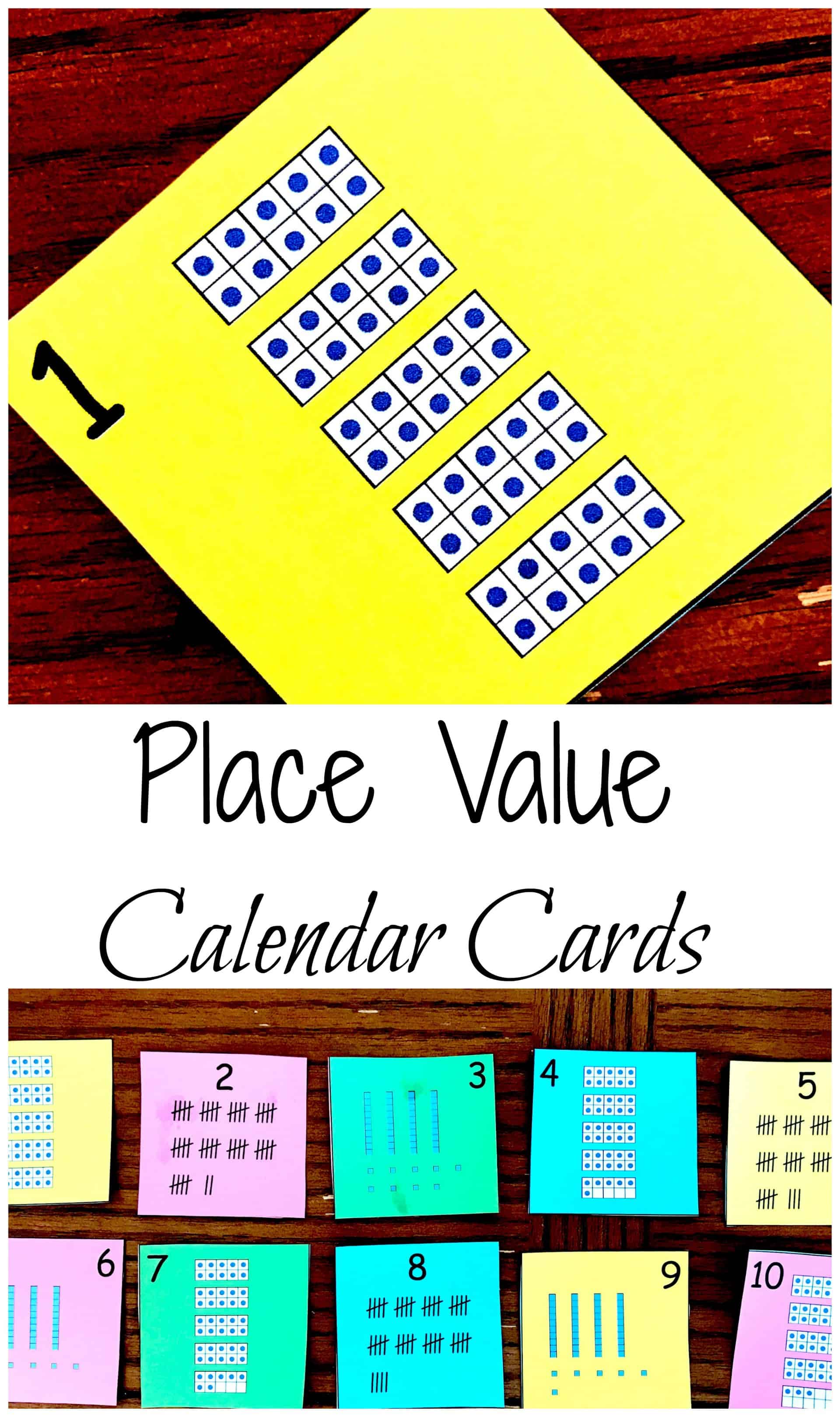 Numbers for calendar with a variety of calendar pieces showing tally marks, ten blocks, ten frames, and expressions, on a wooden background. 