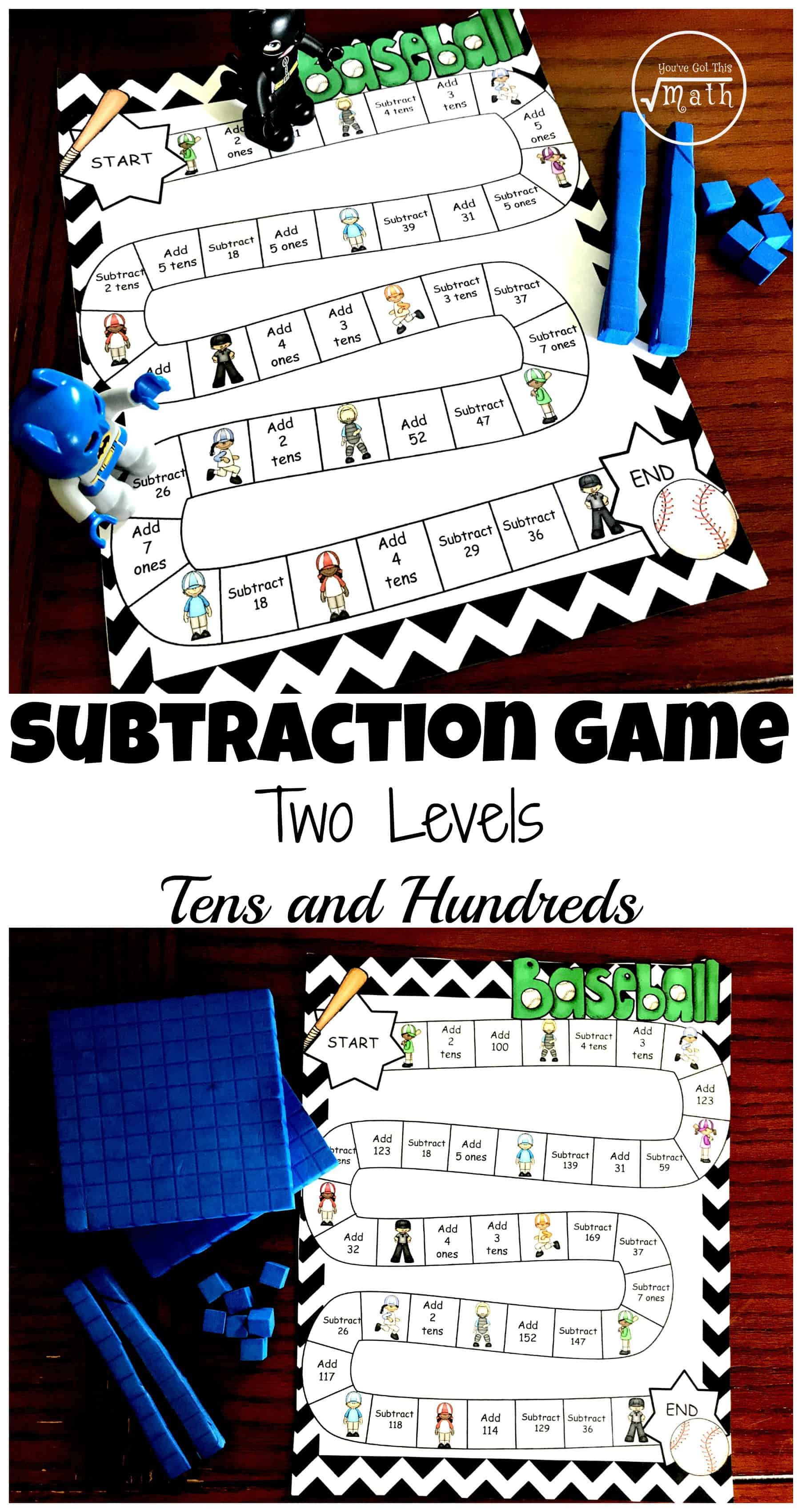 Subtraction regrouping game printable with game pieces and base ten blocks on a wooden table. 