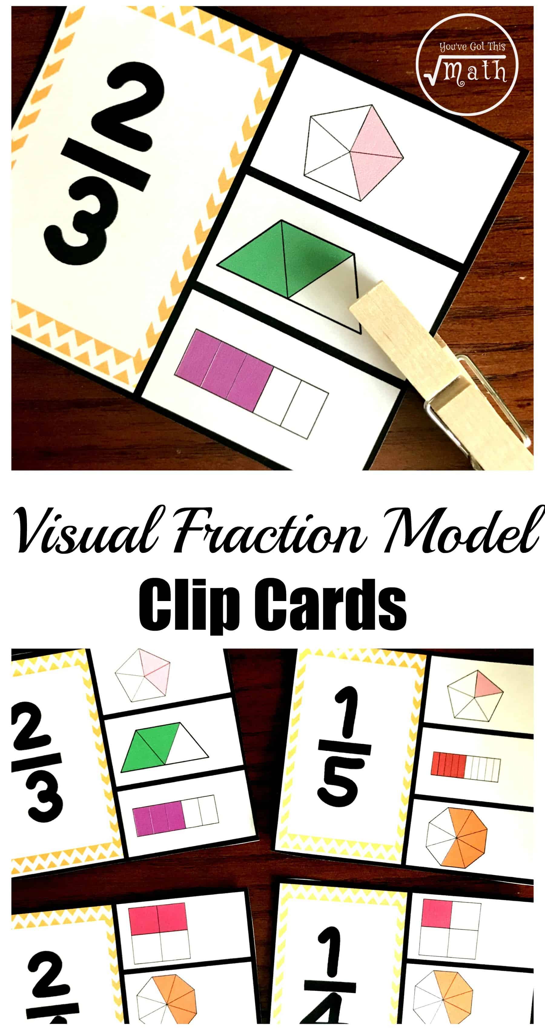 Visual fraction model clip cards on a wooden table. 