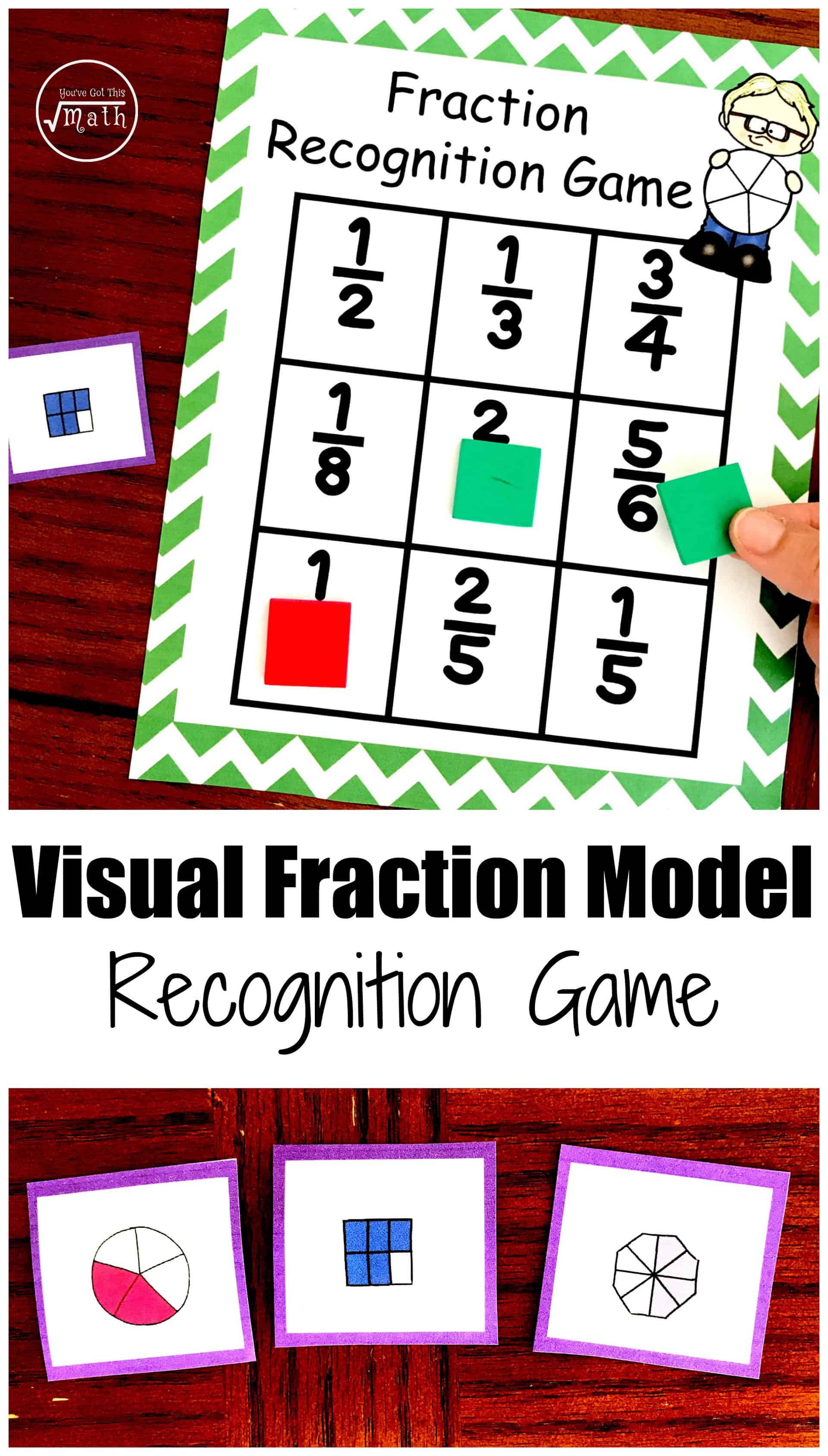 Visual Fraction Model game on a wooden service with game pieces and a hand holding a game piece. 