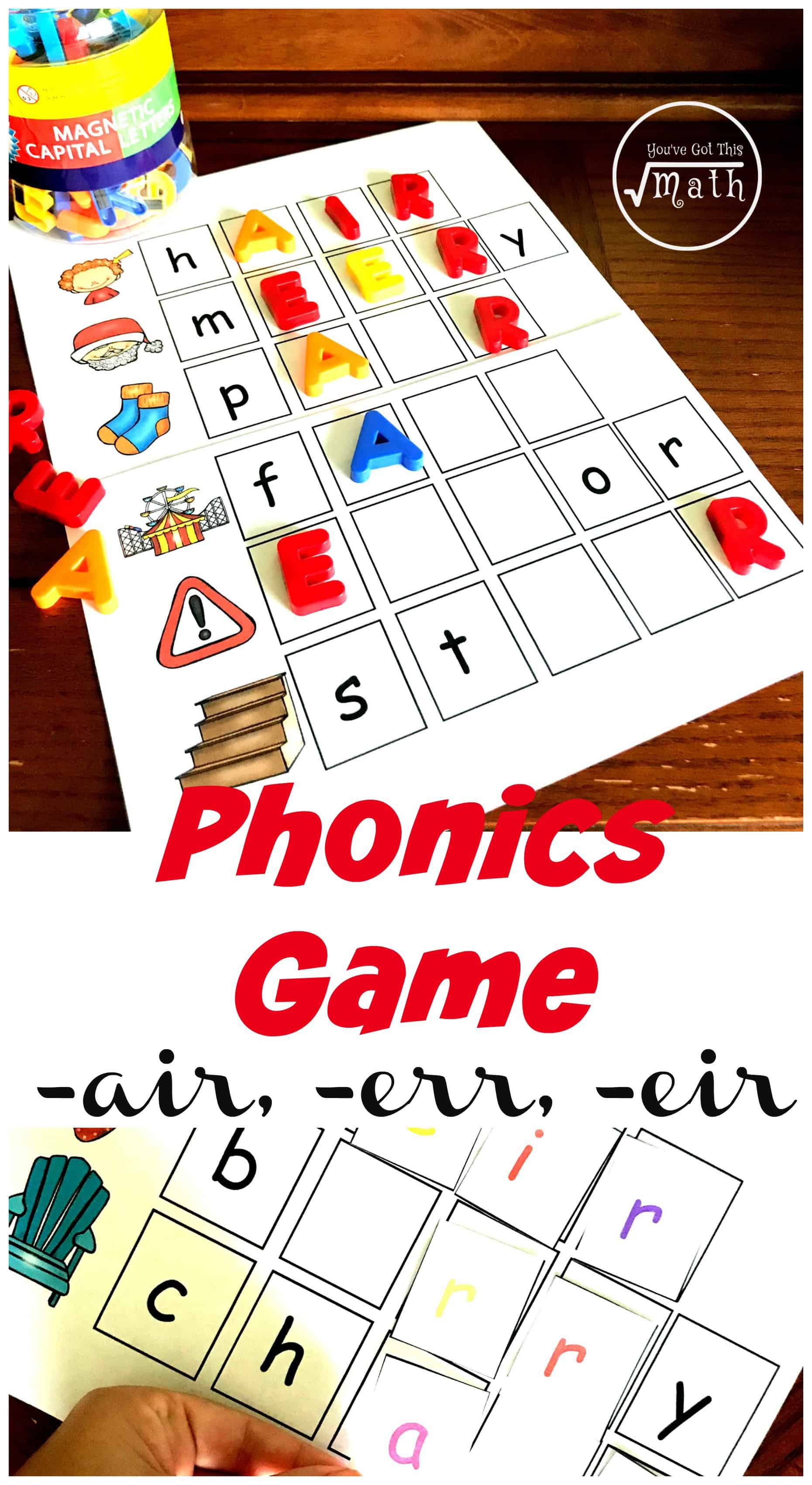 Air phonics game with colorful letters on a wooden background. 