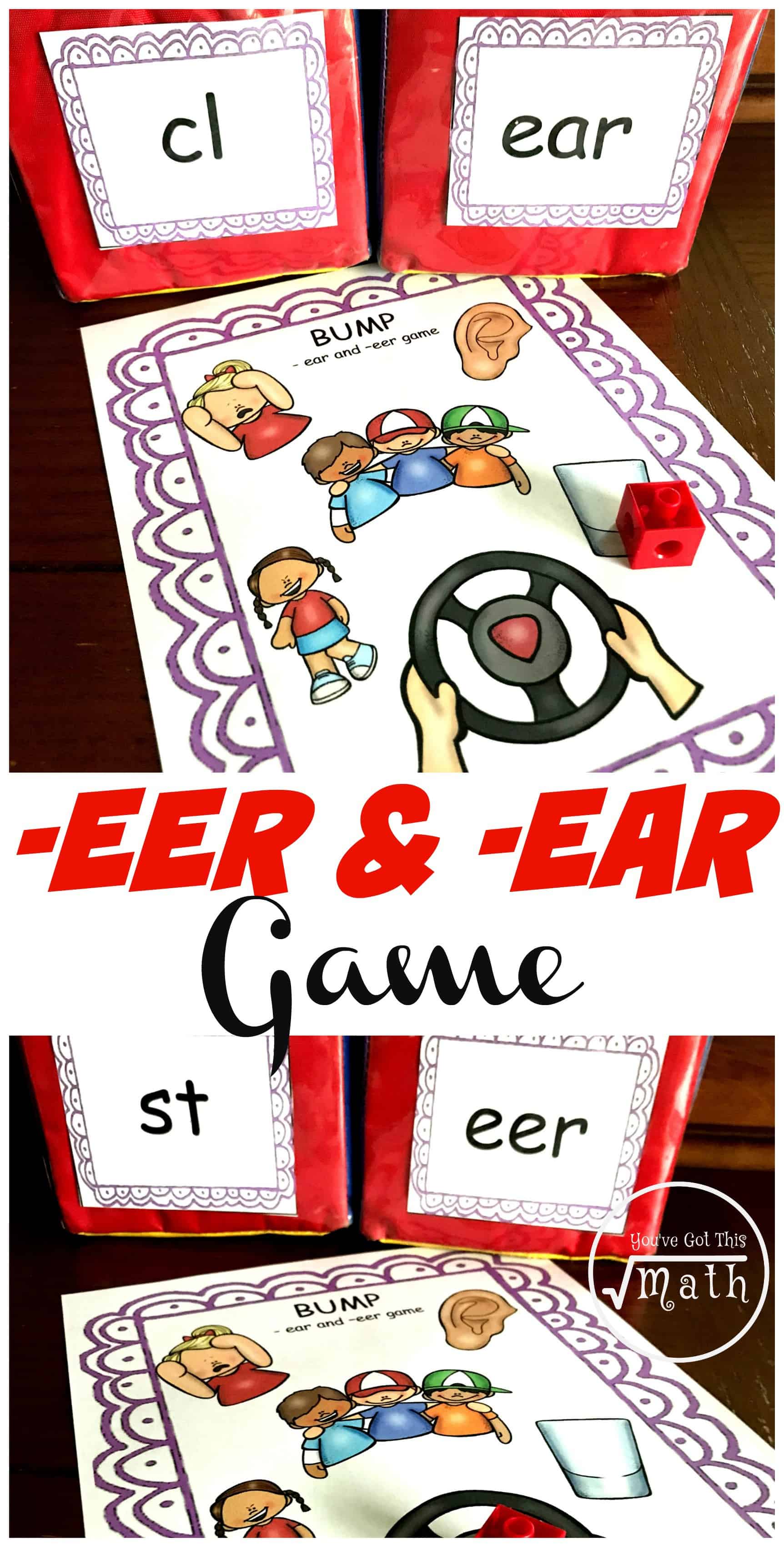 EAR word phonics game with large dice. One dice says, "cl" and the other dice says "ear". There is a worksheet with various pictures on it. 