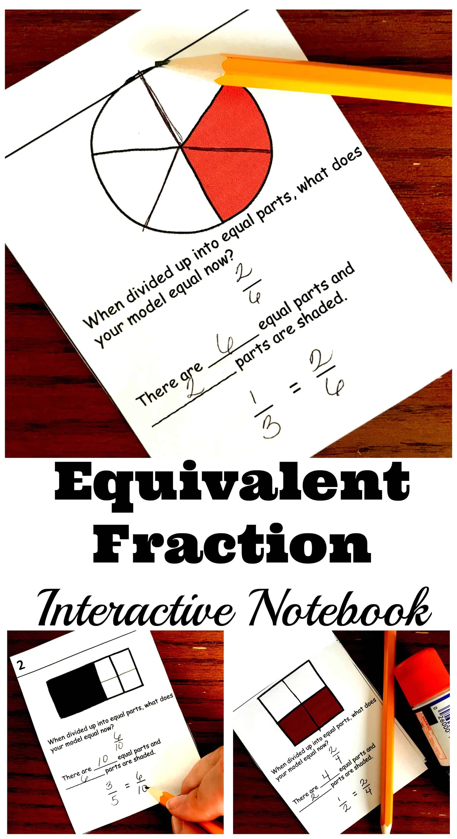 Equivalent fractions interactive notebook worksheet with part of the fraction filled out in red. 