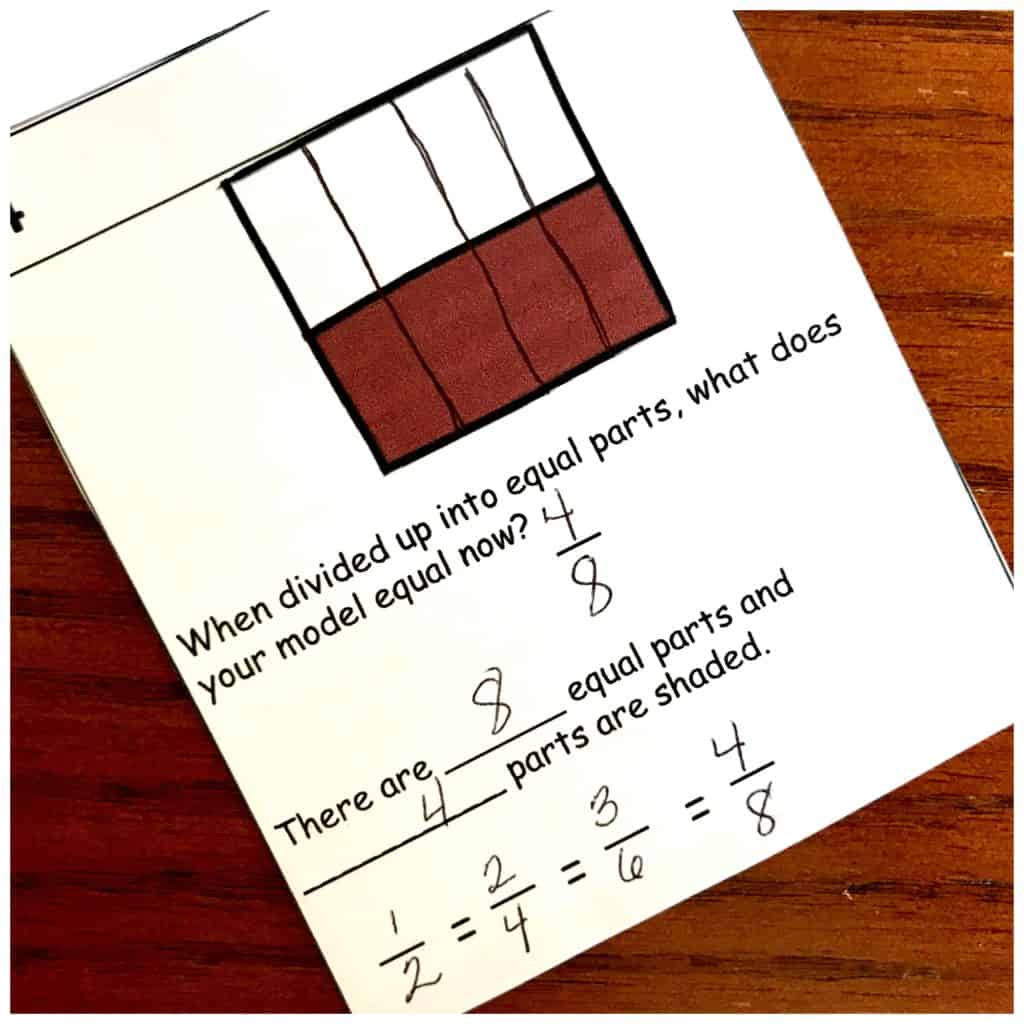 Equivalent fractions interactive notebook worksheet with part of the fraction filled out in brown. 