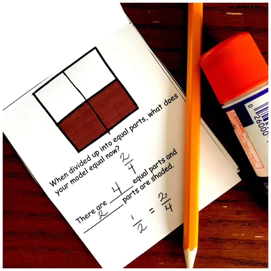 Equivalent fractions interactive notebook worksheet with part of the fraction filled out in brown with a pencil laying beside it 