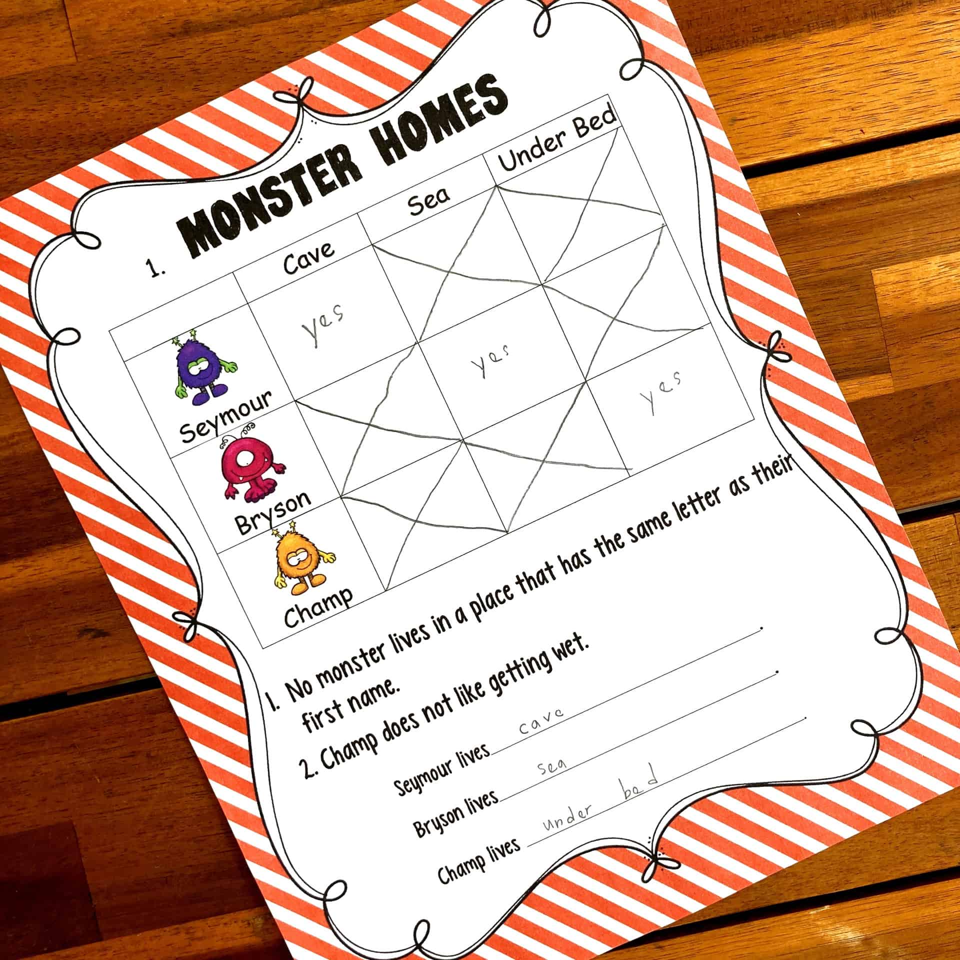 Logic games for kids printable with monsters on a wooden background. 