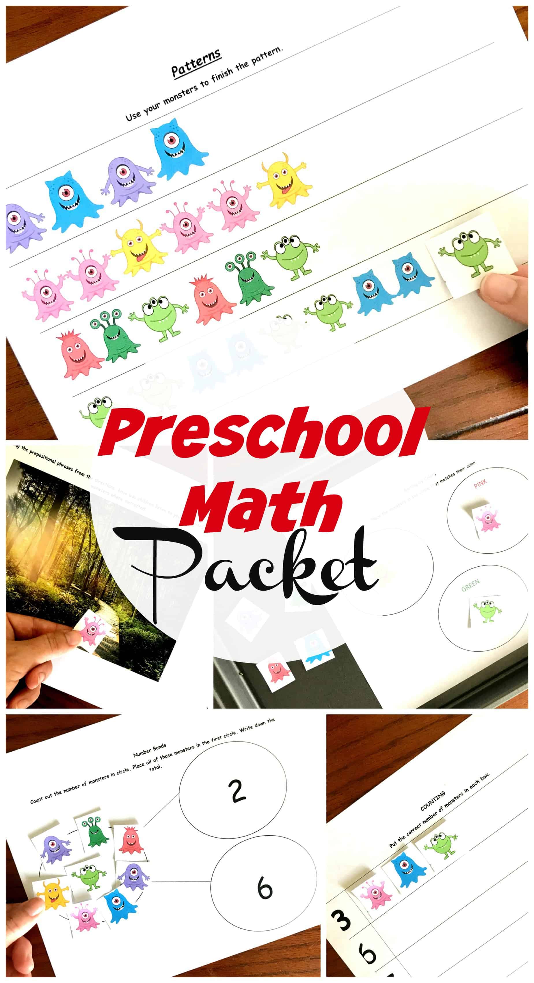 These preschool math worksheets are a fun way to practice number recognition, sorting, patterns, prepositions, and basic adding and subtracting. (Number Bonds)