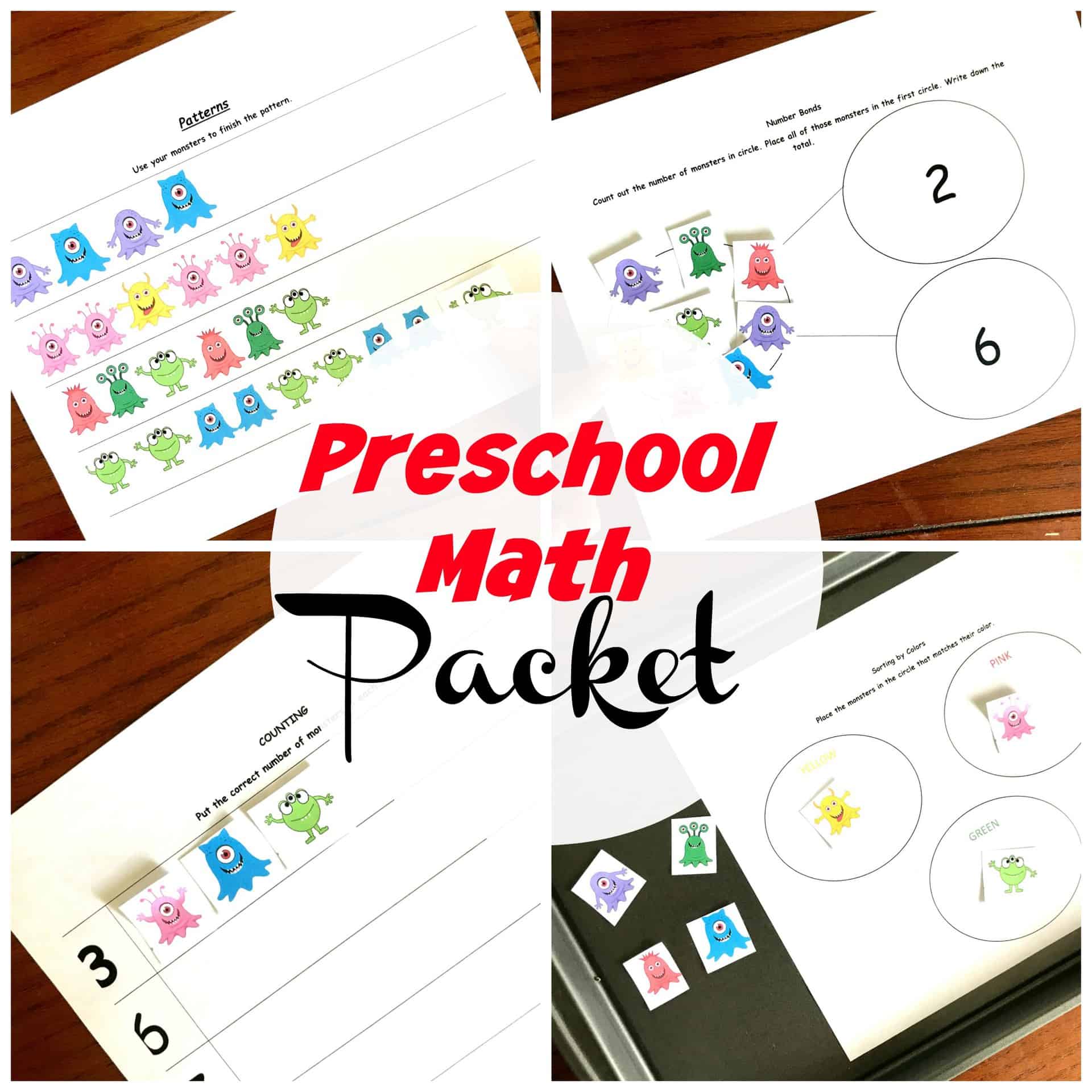 5 Preschool Math Worksheets | Practice Patterns, Sorting, Prepositions, and Number Bonds | Free Printable