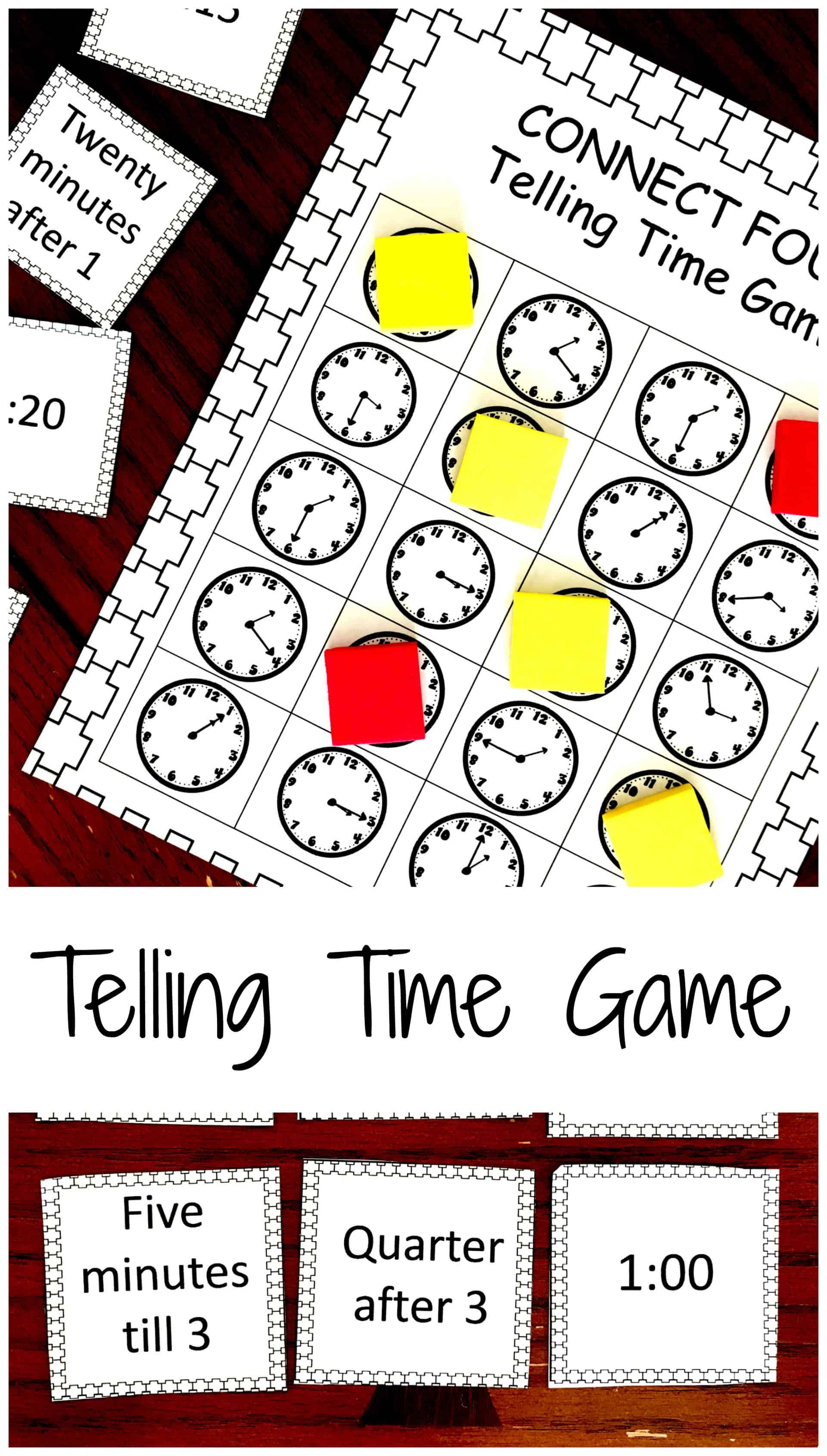Time games using a bingo card with clocks showing various times with pieces of yellow and red paper covering them up. 