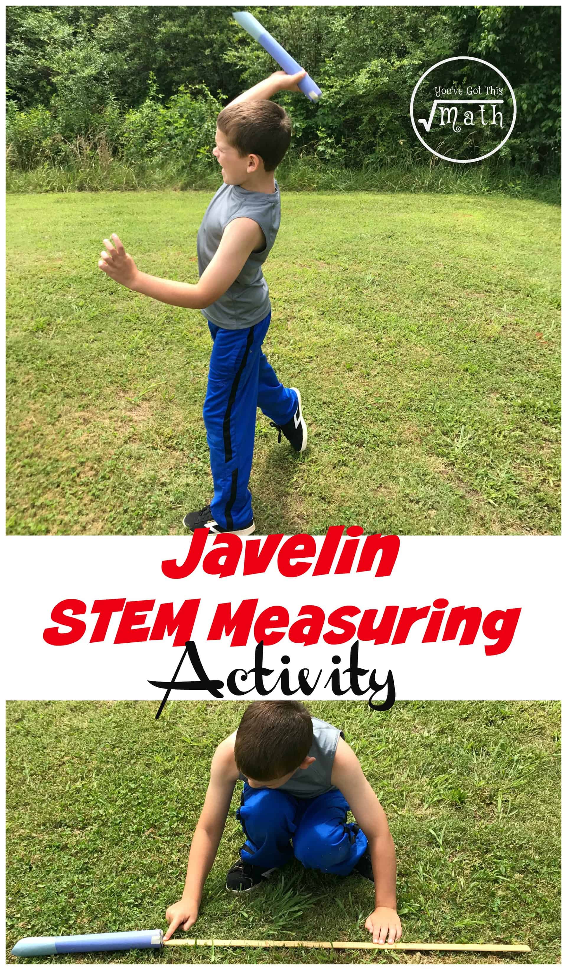 STEM Measurement Activities for 2nd Grade with a little boy measuring the distance a paper javelin was thrown. 
