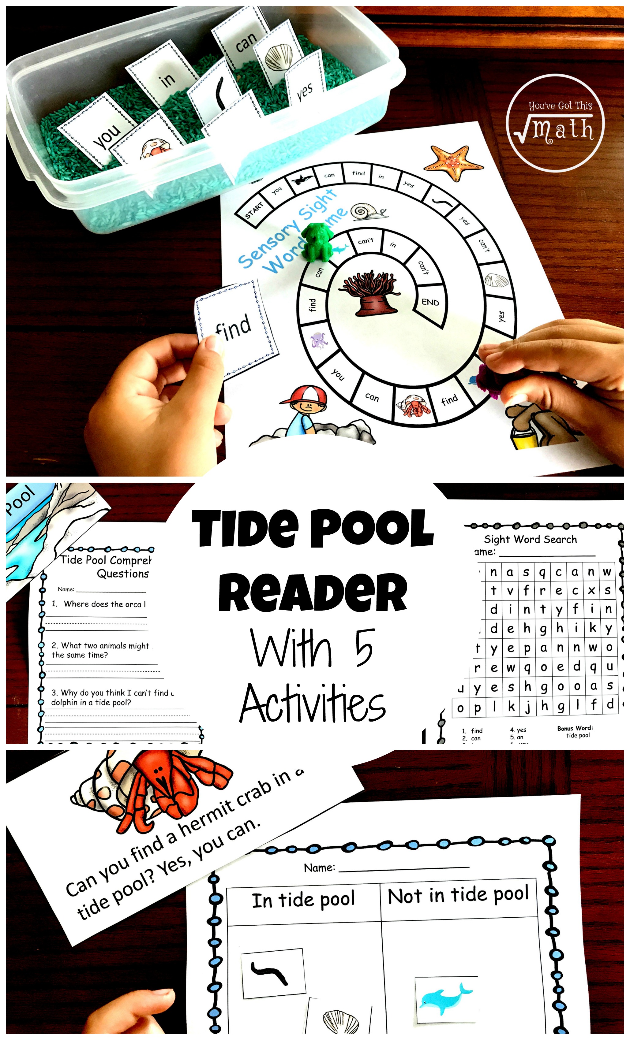 Ocean sensory sight word game with game pieces and words in a container with dyed rice. 