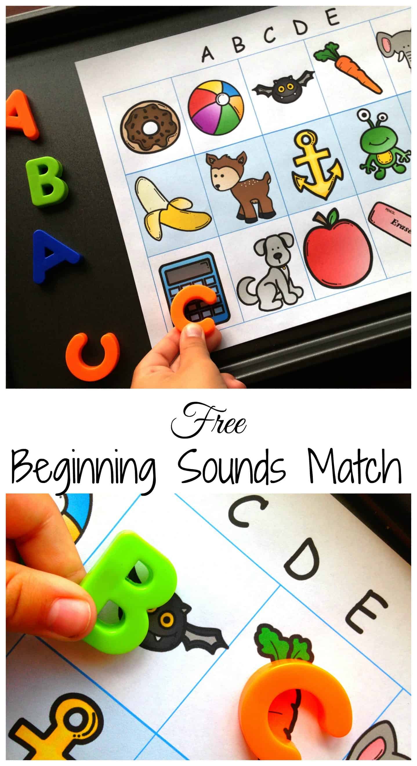 Beginning sounds activities worksheet that is filled with images of various things and magnetic letters. 