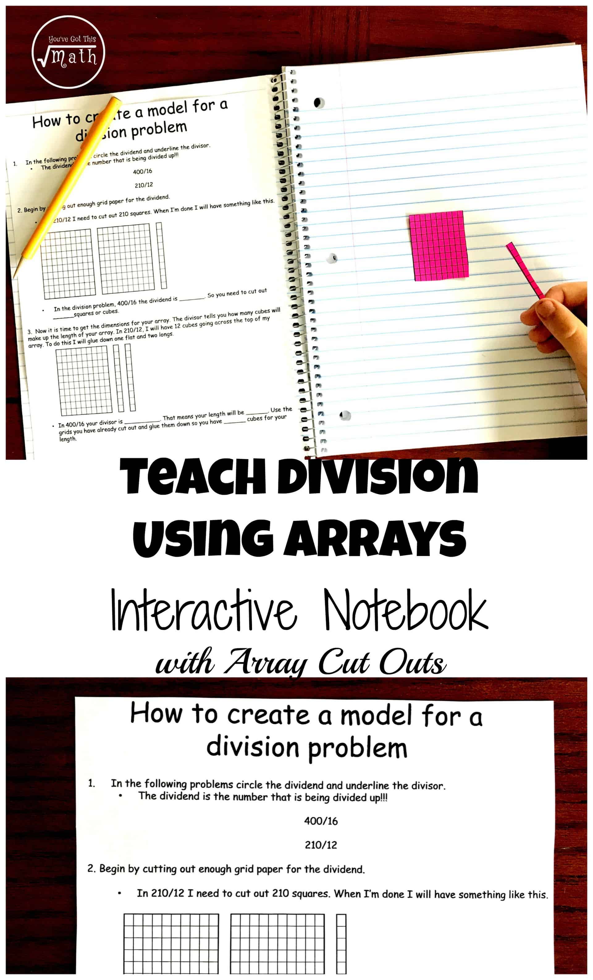 Division with arrays interactive notebook with a pink grid on lined paper. 