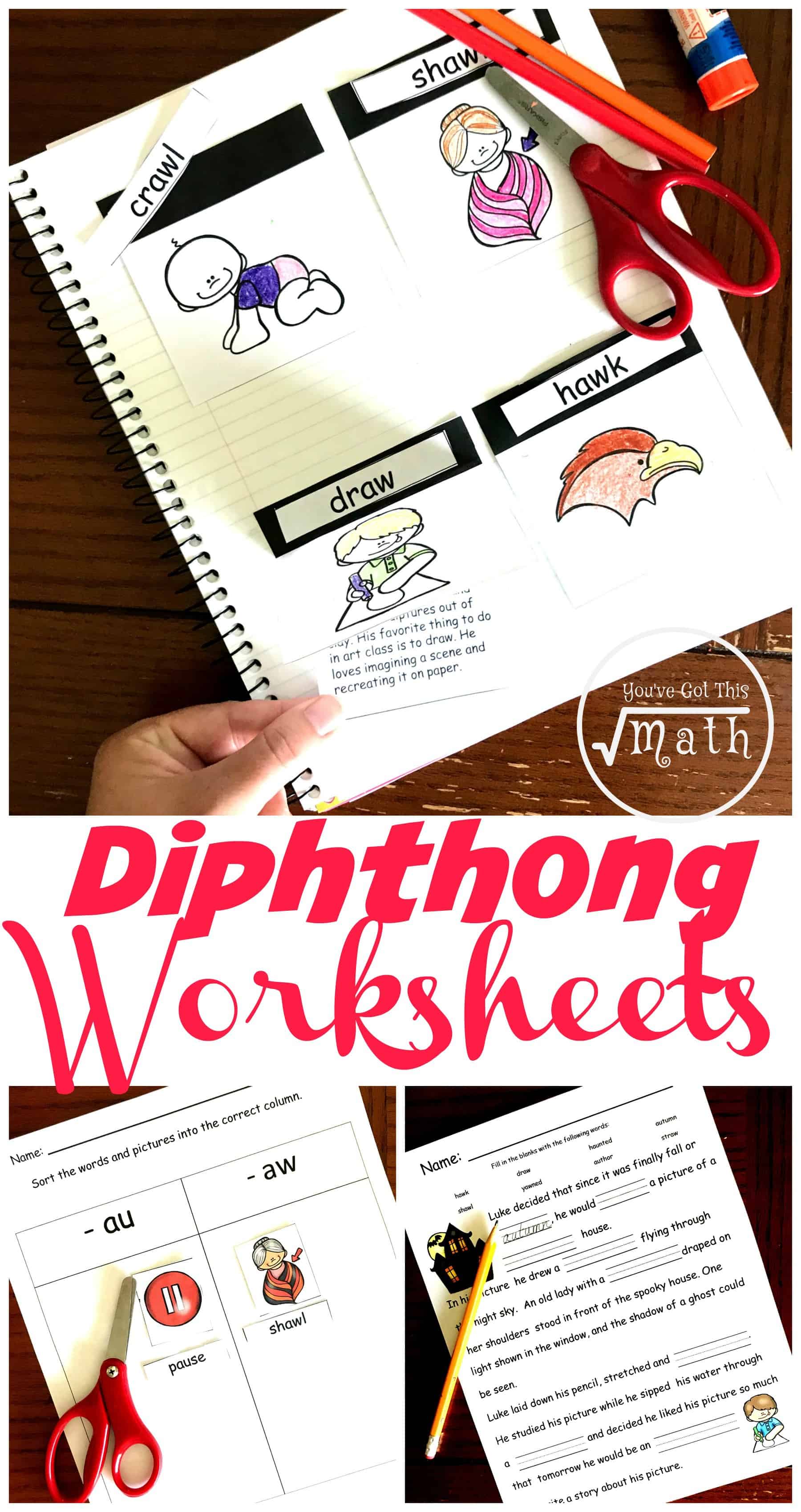 AU AW diphthong worksheets with pictures colored and glued to a notebook. 