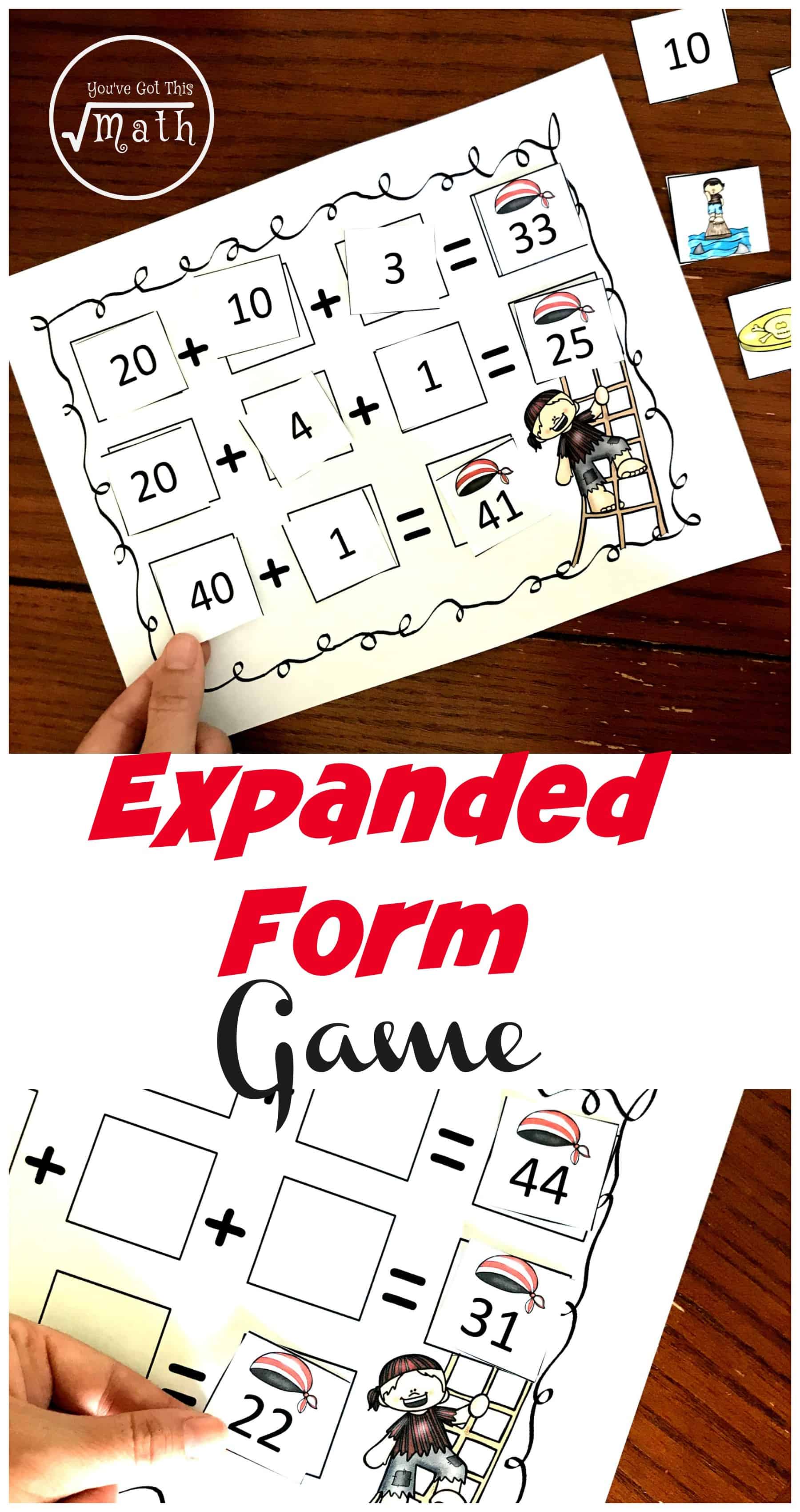 Expanded form game with a pirate theme with cards with numbers on them.