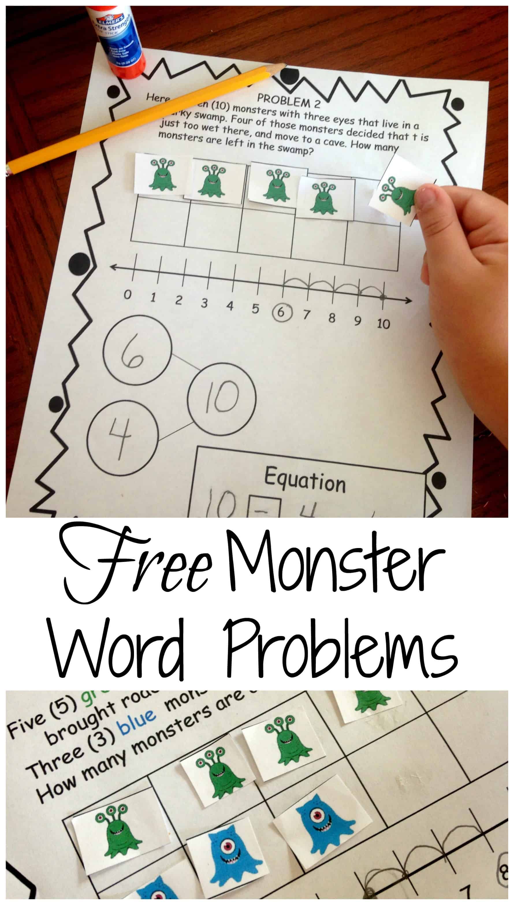Monster word problems in 10 worksheets with monster pictures glued to the worksheet and a pencil. 