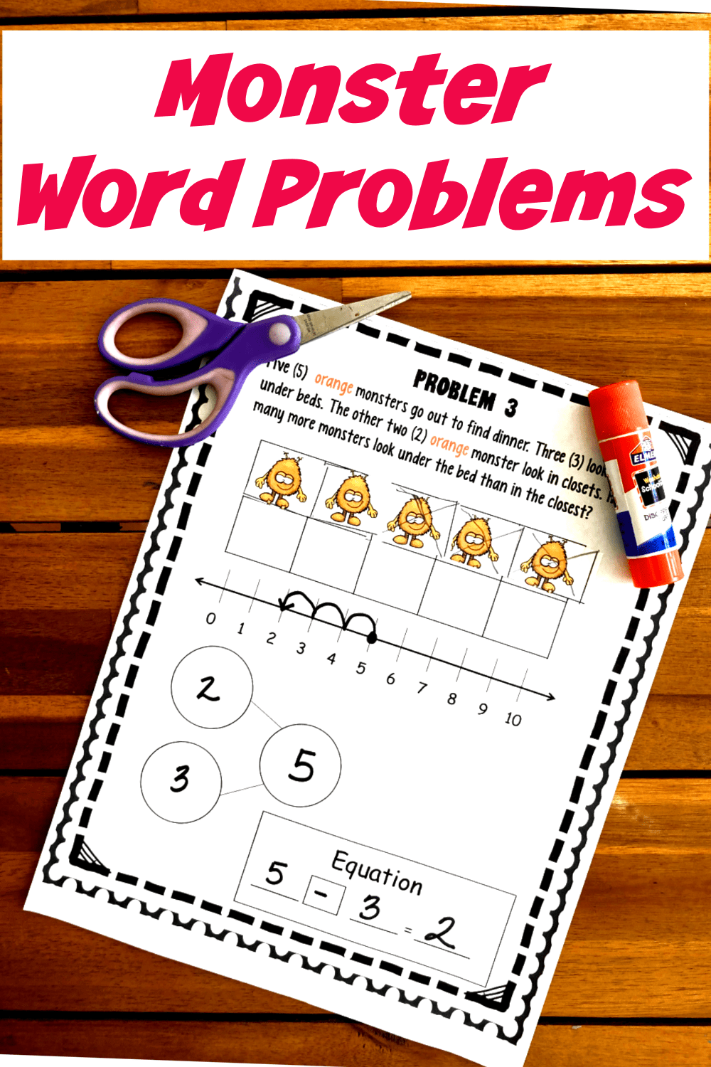 Monster word problems in 10 worksheets with monster pictures glued to the worksheet and a glue stick. 