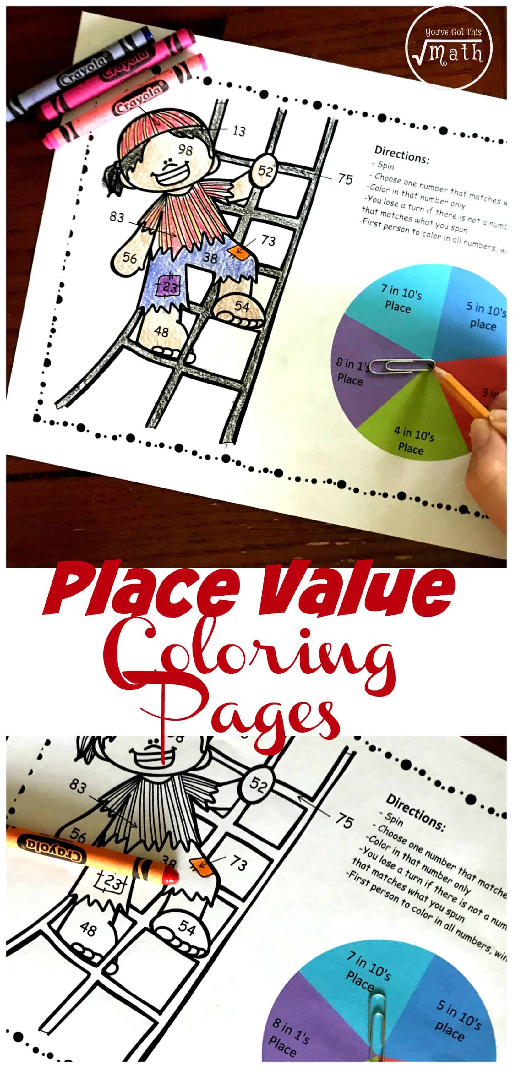 Place value color by number worksheets with a pirate climbing a latter that is colored in with crayons. 