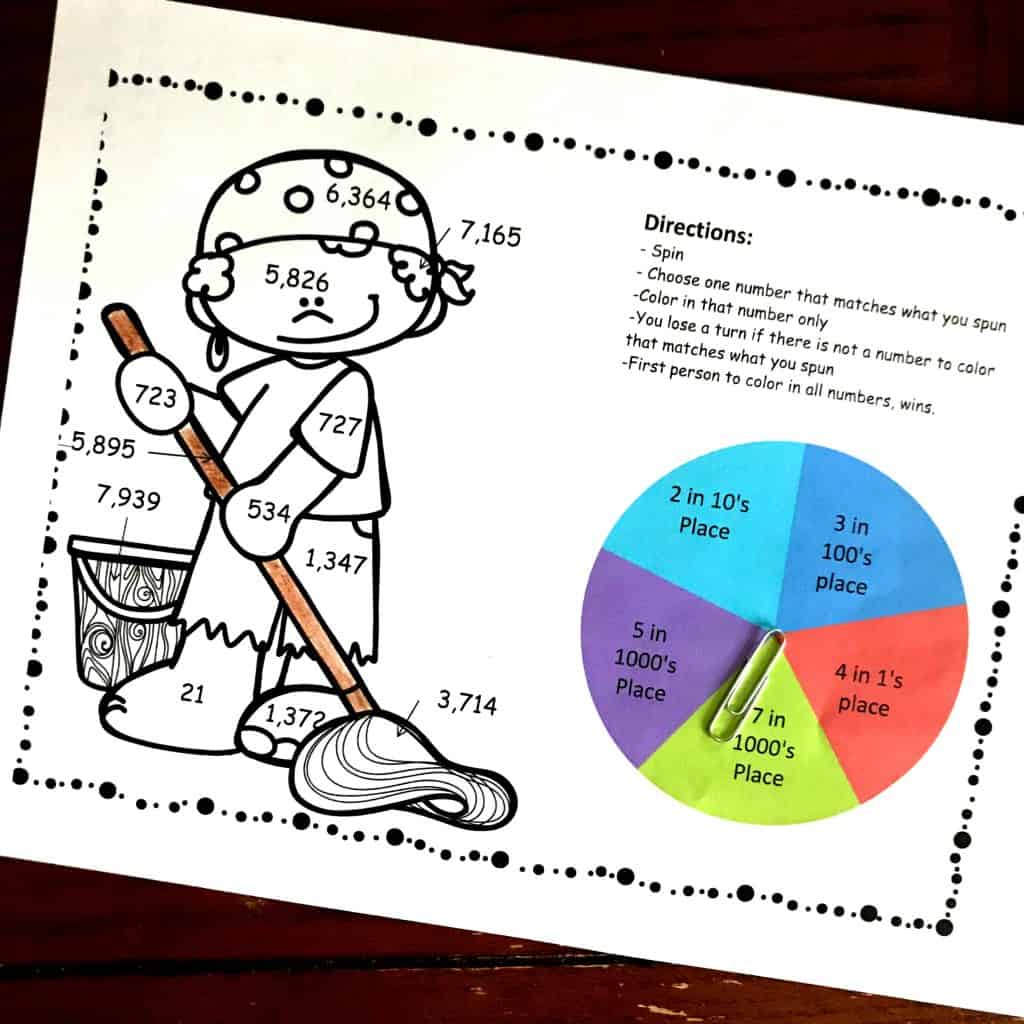 Place value color by number worksheets with a pirate washing the floor. The broom handle is colored brown. 