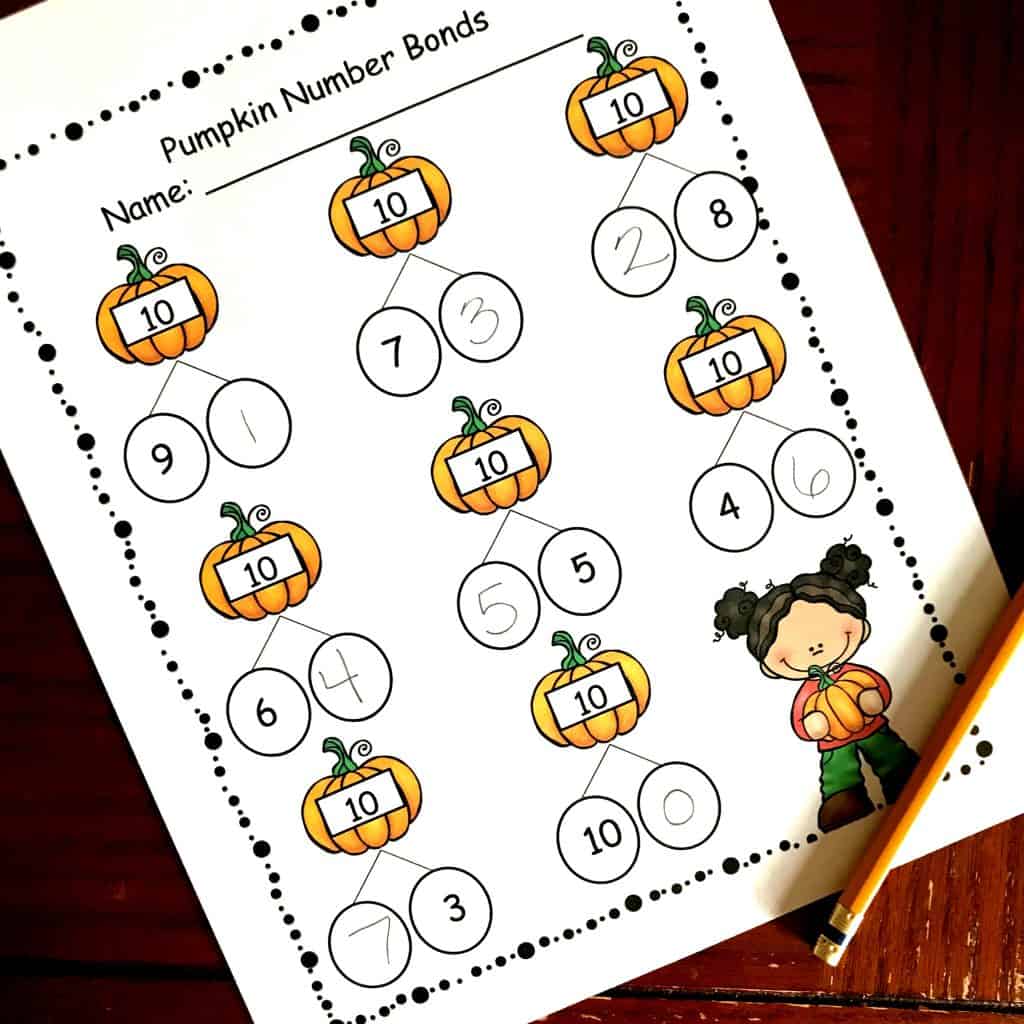 Ways to make 10 number bonds worksheet with a fall theme. 