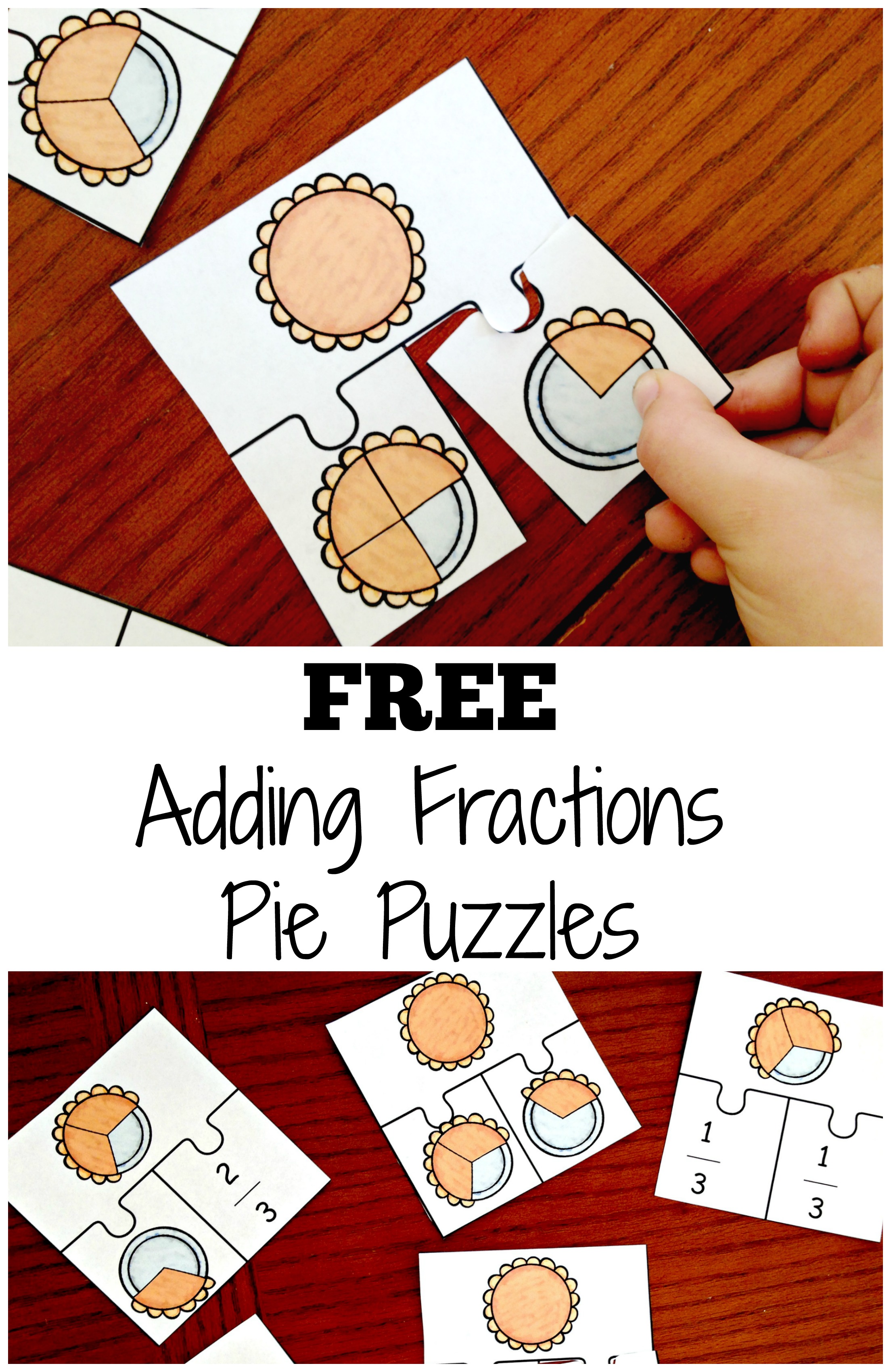 Adding fractions game with pictures of pies made into fractions. 