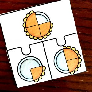 Adding fractions game with pictures of pies made into fractions. 