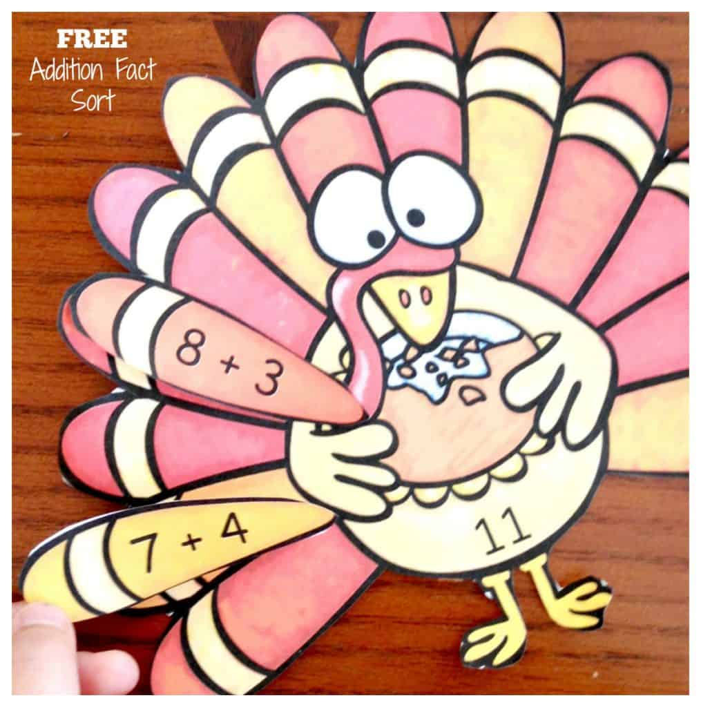 A printable of a turkey with equations on it and red and yellow circles with a worksheet.