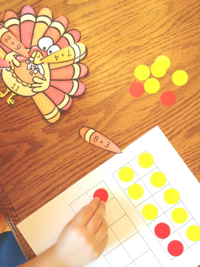 A printable of a turkey with equations on it and red and yellow circles with a worksheet. 