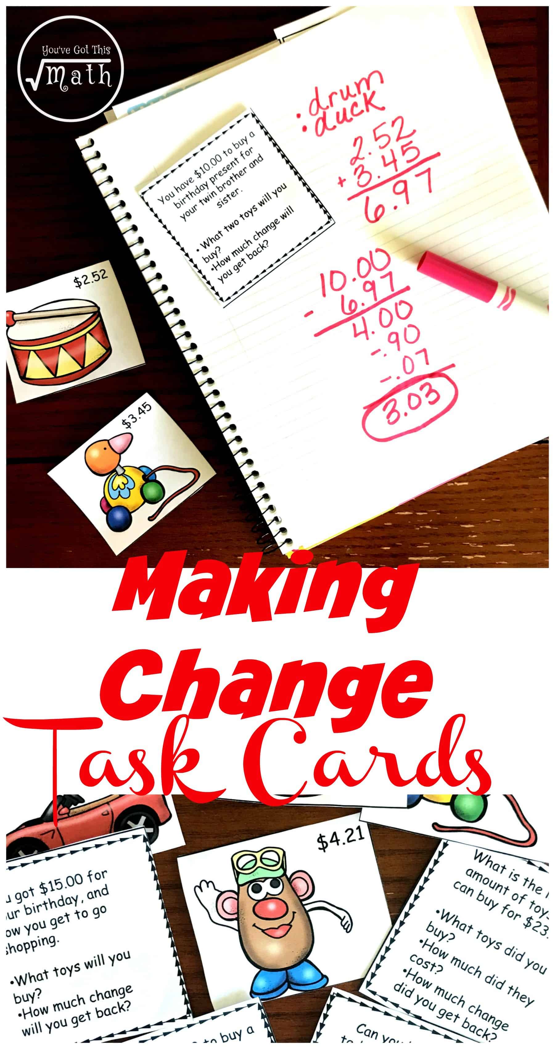 Making change worksheet with a pink marker and money equations written on lined paper. 
